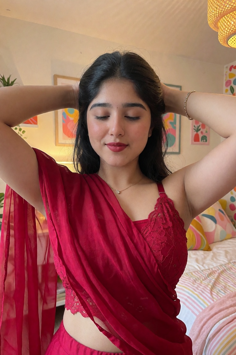 **Appearance** A young woman of Indian ethnicity with warm medium-brown skin tone,  soft facial features,  full glossy red...