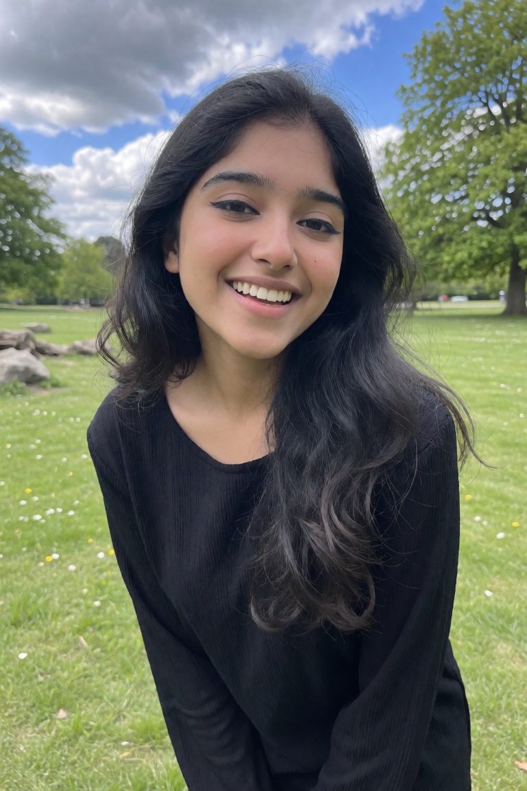 **Appearance** A young woman of Indian ethnicity with warm medium-brown skin tone,  soft facial features,  full lips on Te...