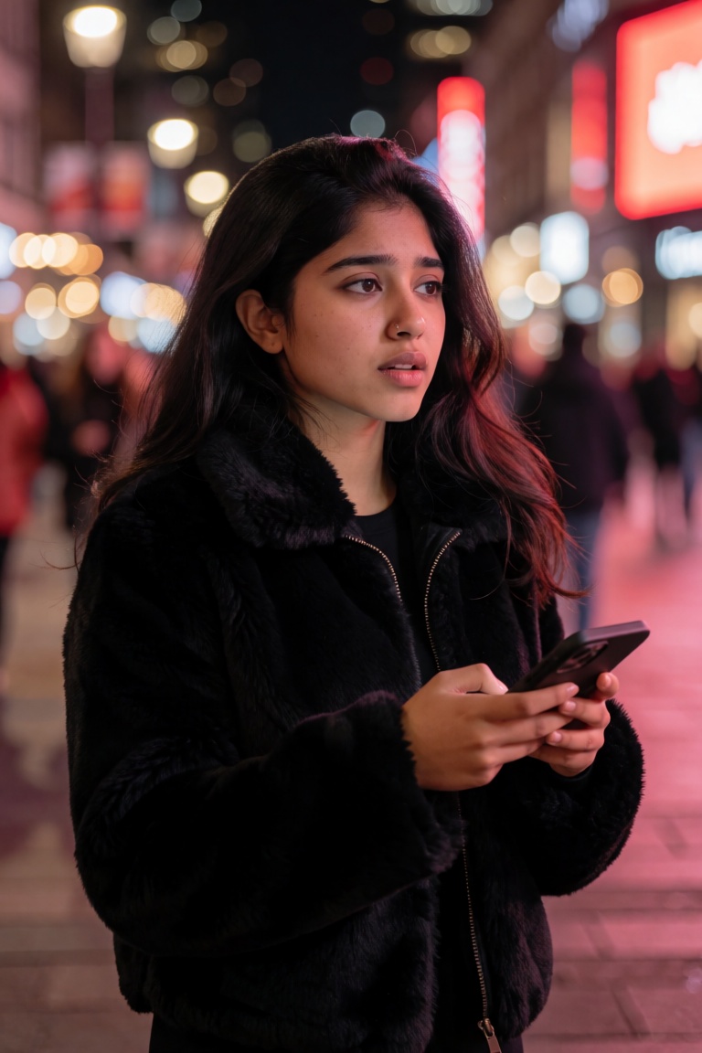 Appearance A young woman of Indian ethnicity with warm medium-brown skin tone,  soft facial features,  full lips with a na...