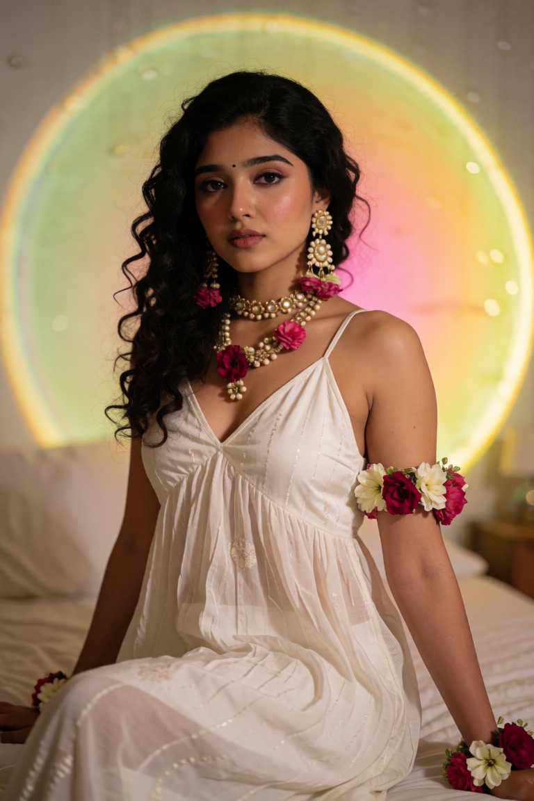 **Appearance** A young woman of pakistani ethnicity with warm medium-brown skin tone,  soft facial features,  full lips wi...