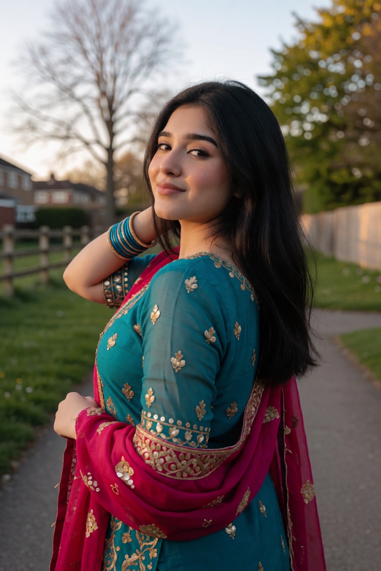 **Appearance** A young woman of pakistani ethnicity with warm medium-brown skin tone,  soft facial features,  full lips wi...