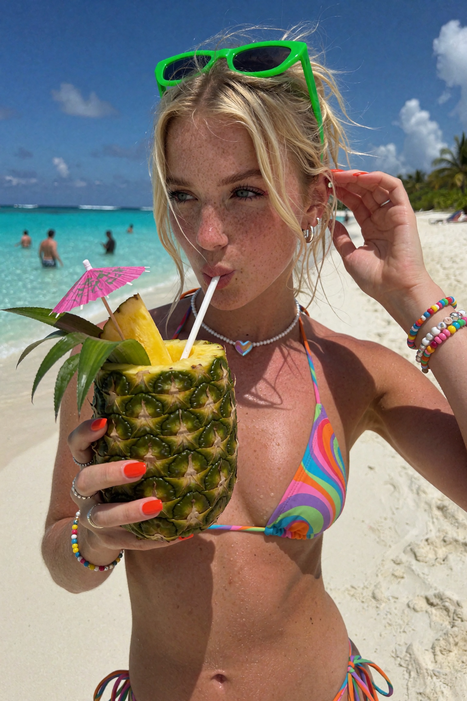 Candid UGC smartphone photo,  young woman on a tropical beach,  close medium shot from the waist up on Tensor.Art