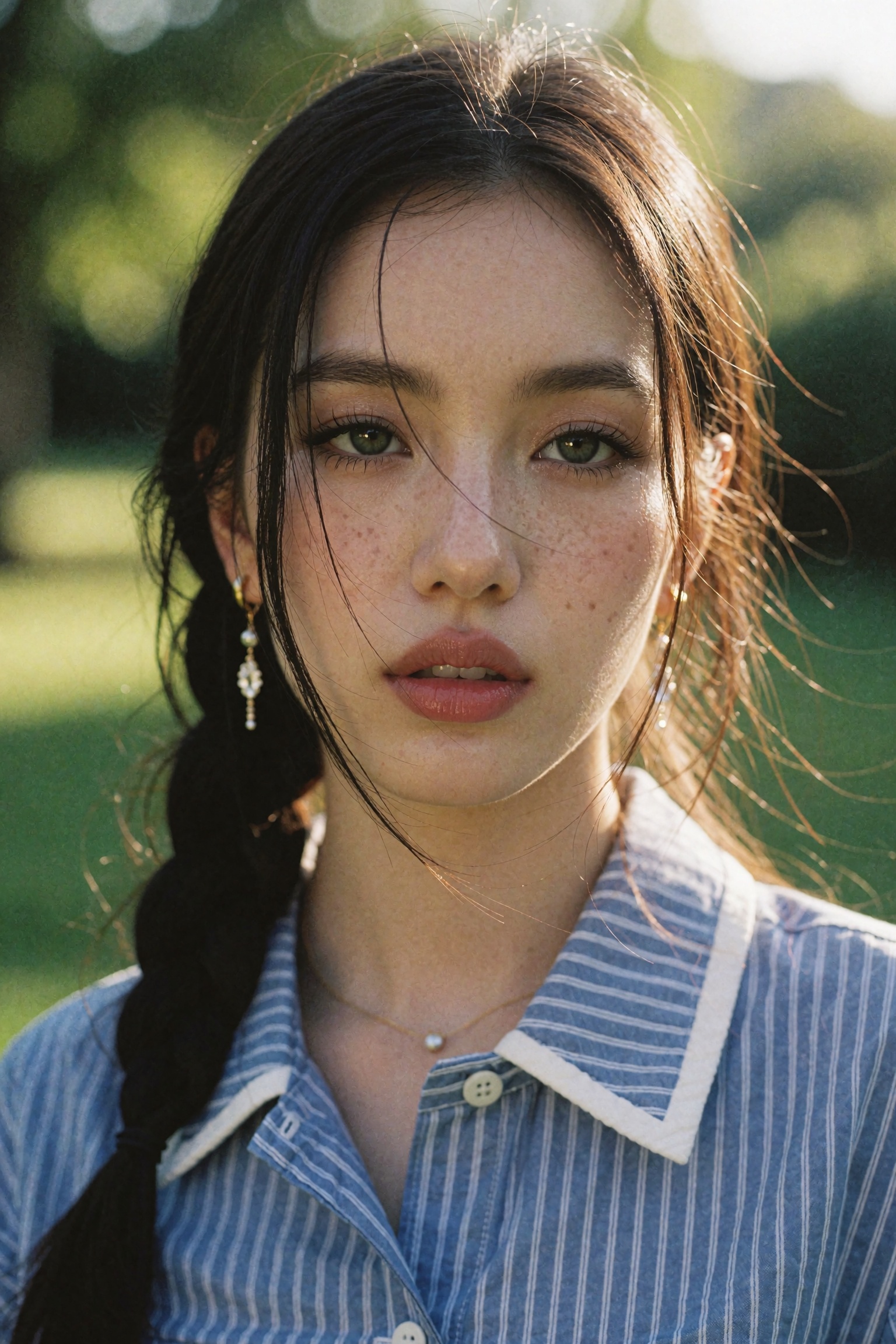 Cinematic outdoor portrait of a young woman in an intimate close-up,  head and shoulders filling the frame,  her face turn...
