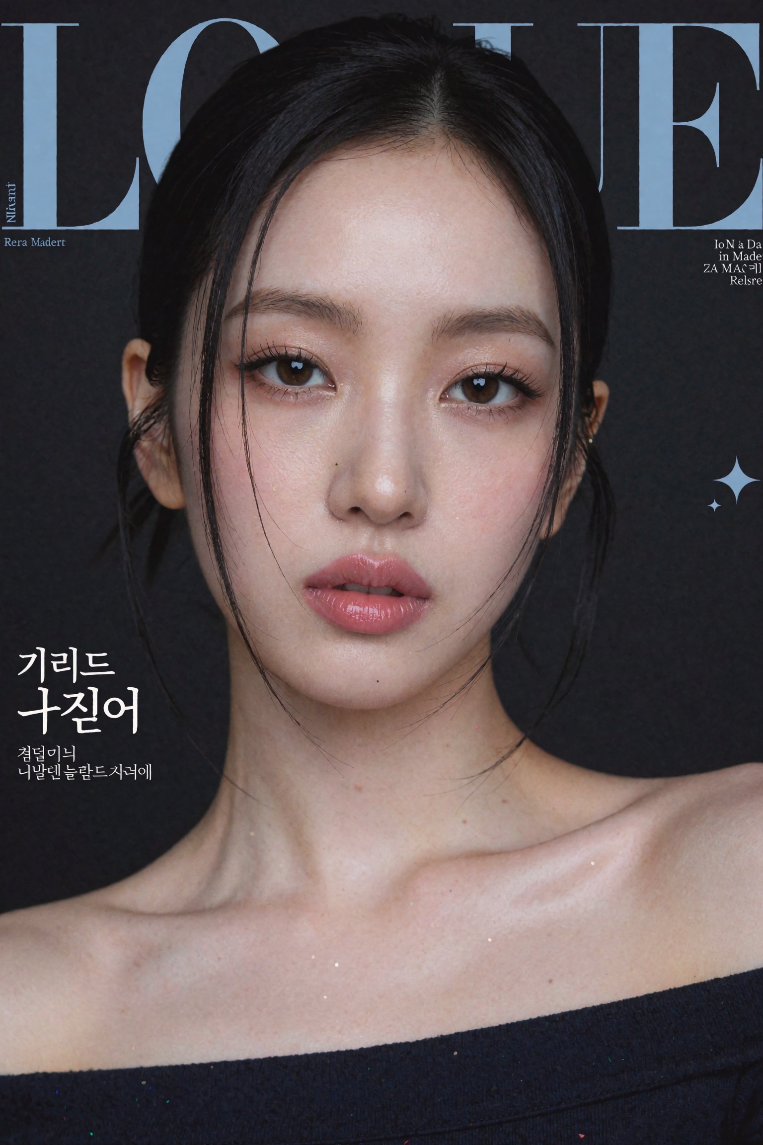 High-fashion Korean magazine cover portrait of an ***** woman,  extreme close-up head-and-shoulders framing,  face filling...