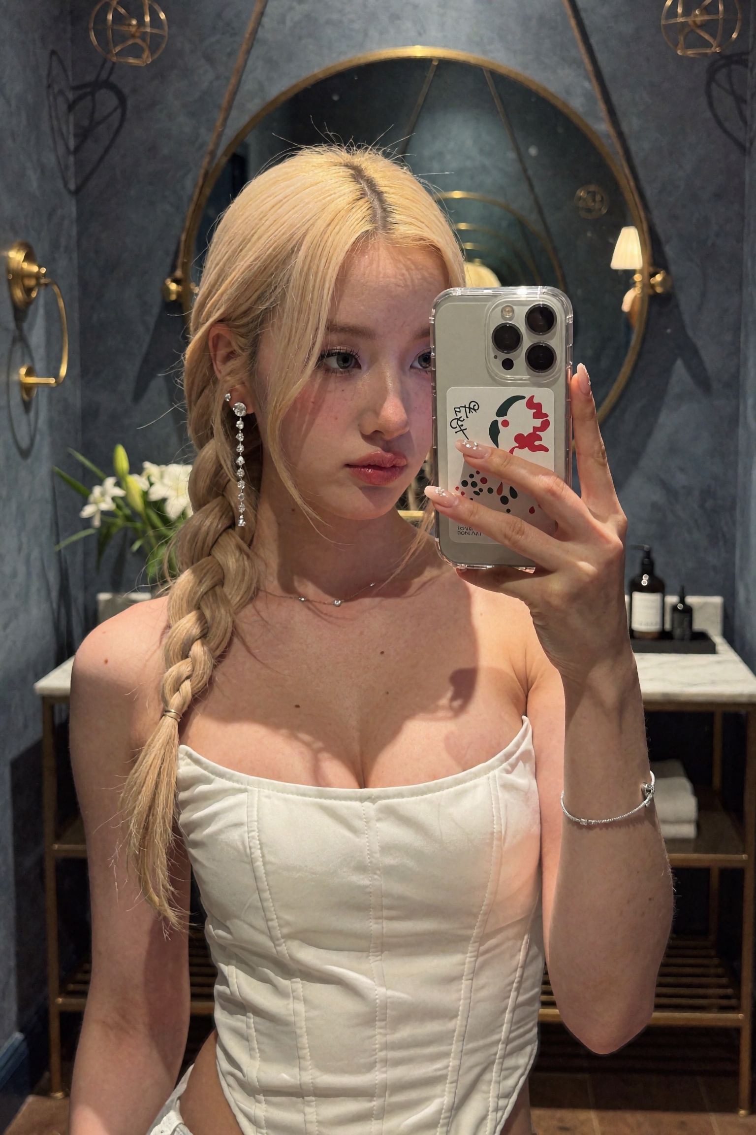 Candid smartphone mirror selfie of an ***** woman in a dim upscale interior,  chest-up framing. Blonde hair styled in a lo...