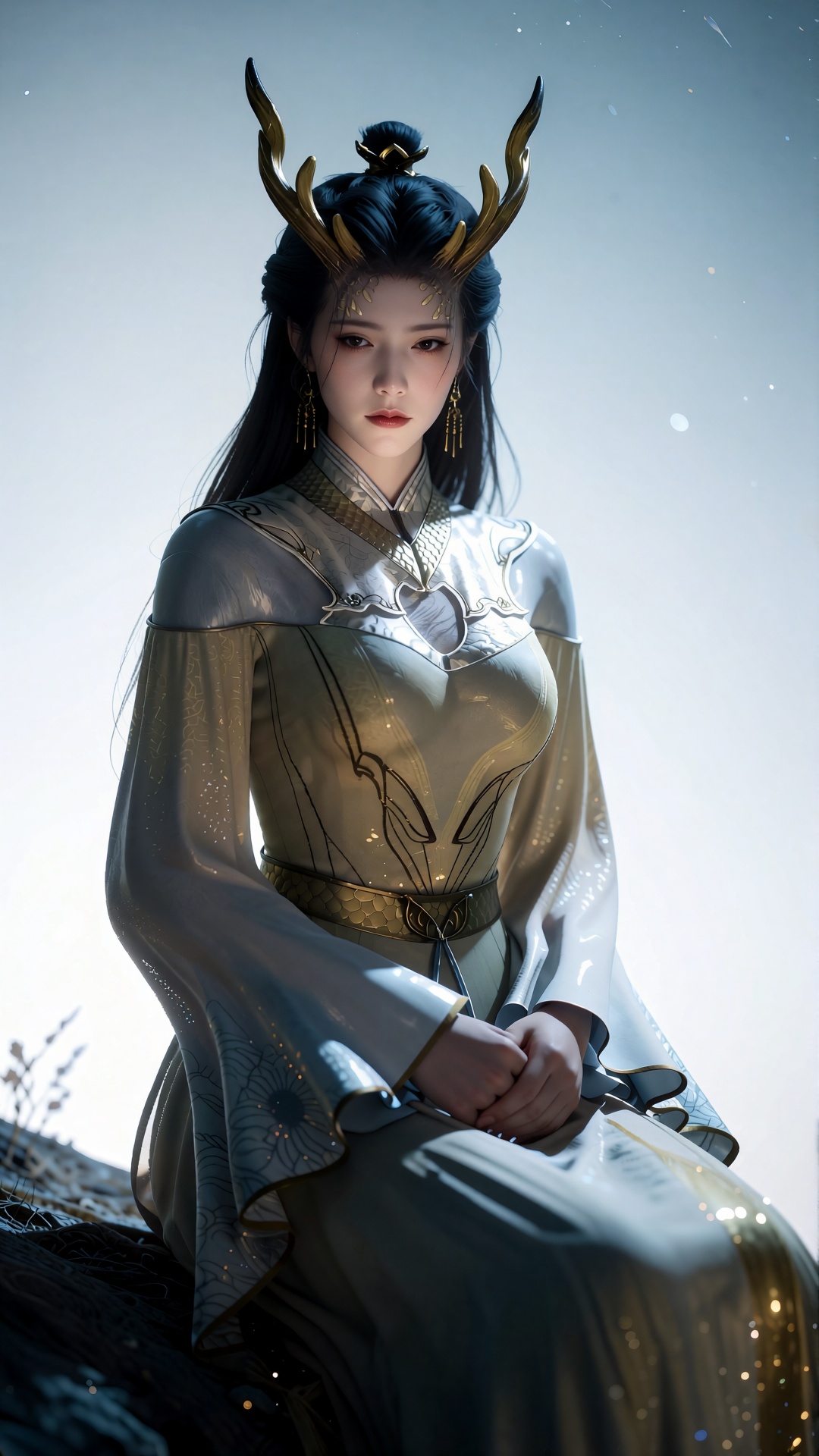 中景正视角,  HLM clothes坐在坡地上,  满月的银蓝冷光从落在她的衣袂边缘 by 月恋-❀ on Tensor.Art