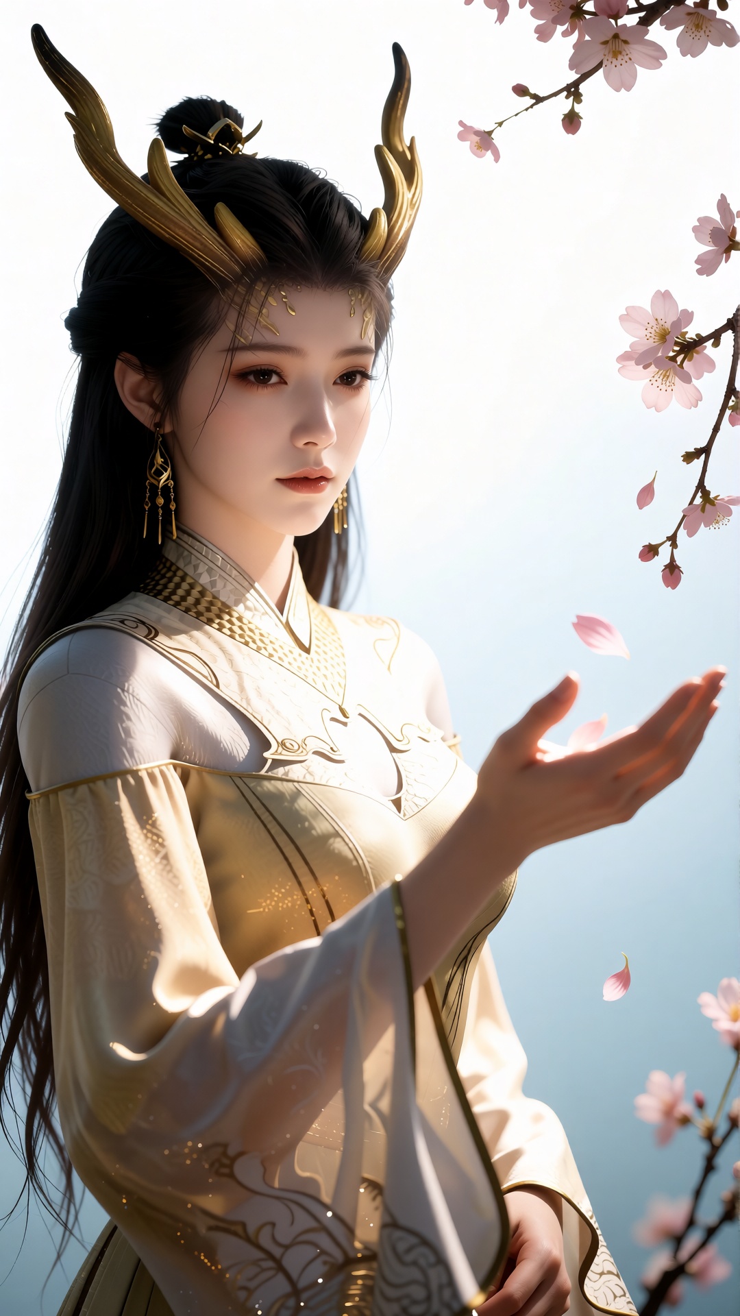 中景画面中,  一位美丽有龙角的女子HLM clothes伸手承接飘落的桃花瓣,  她的眼中充满了柔情。白光直射在她的身上 by 月恋-❀ on Tensor.Art