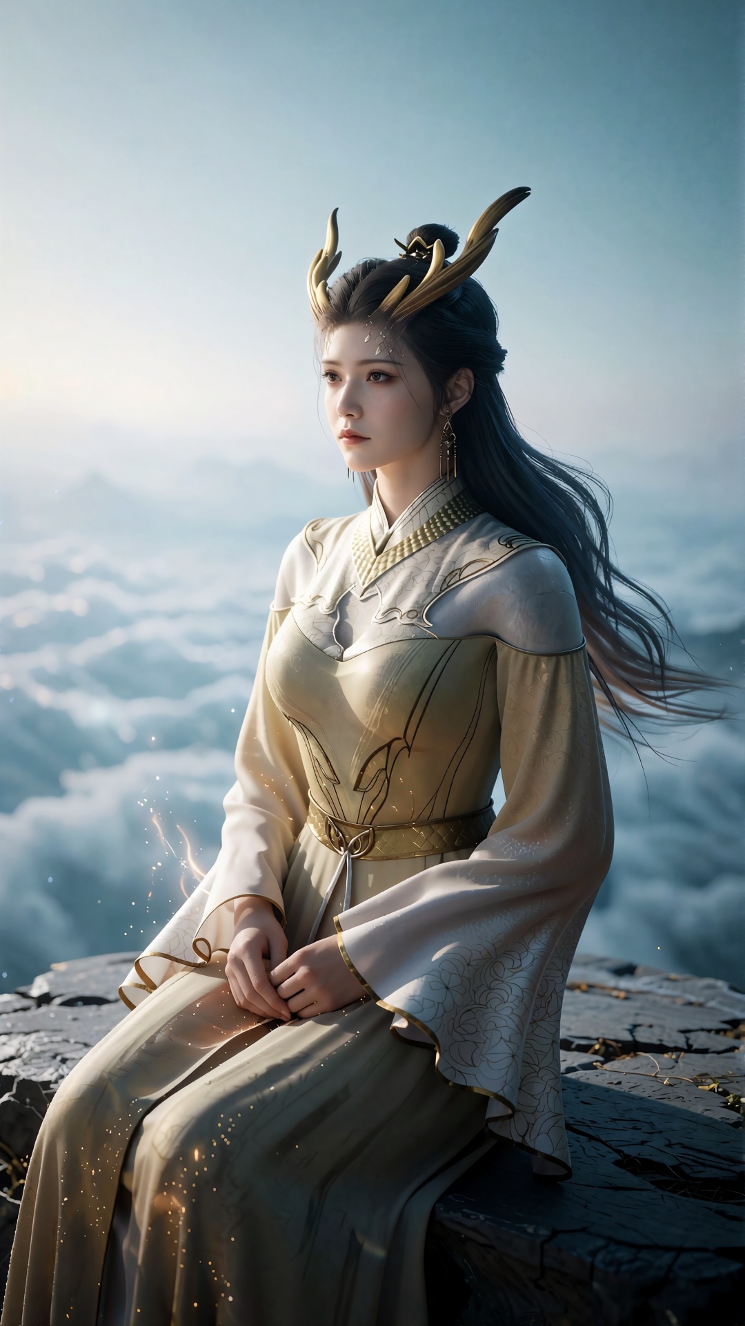 中景正视角,  女子HLM clothes坐在山巅的风化石台,  银蓝月光从远处的云海漫射而来 by 月恋-❀ on Tensor.Art