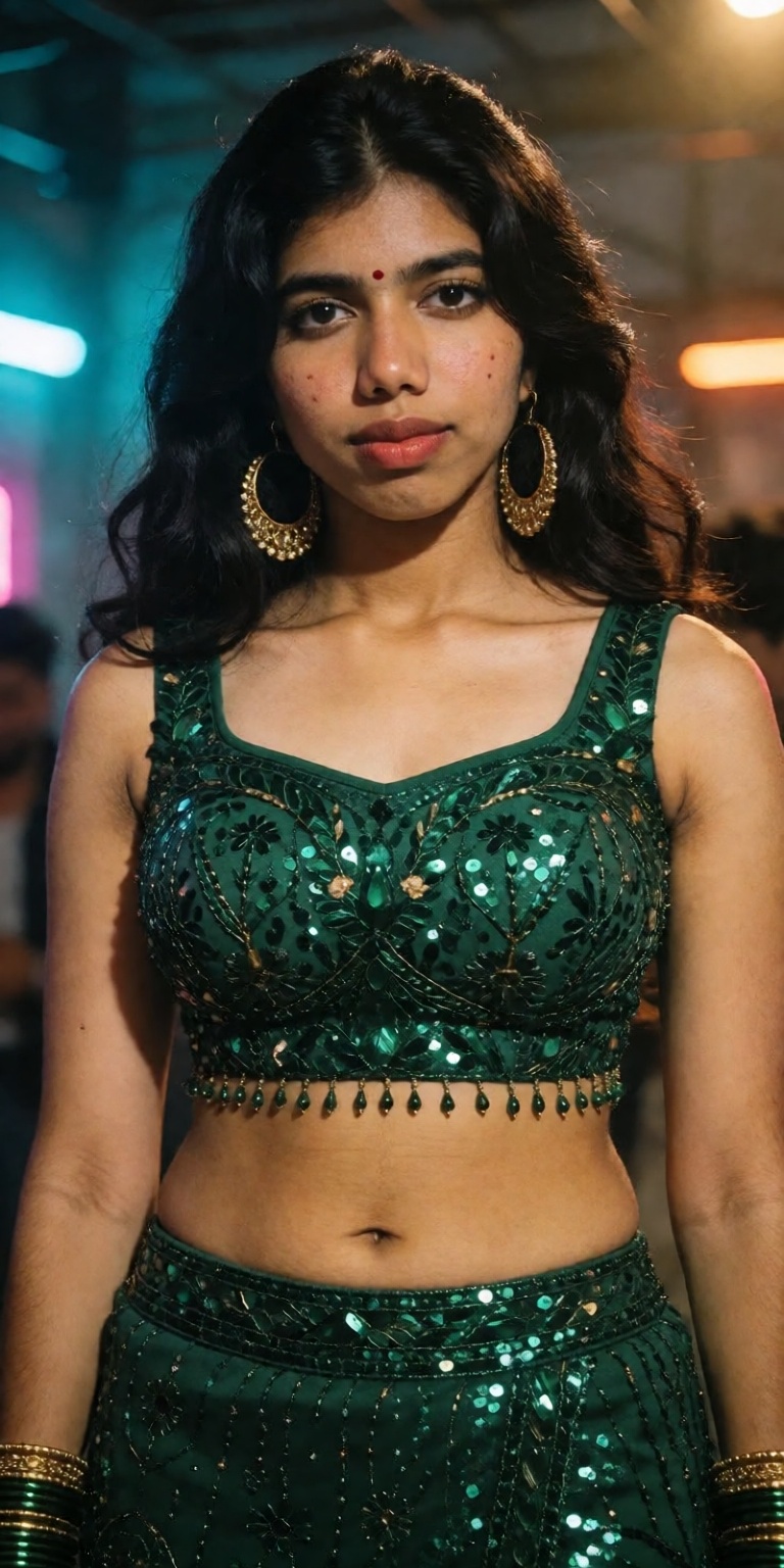 A young slim Indian woman with extremely long thick black hair framing her face and a red bindi stands in low-angle view,...