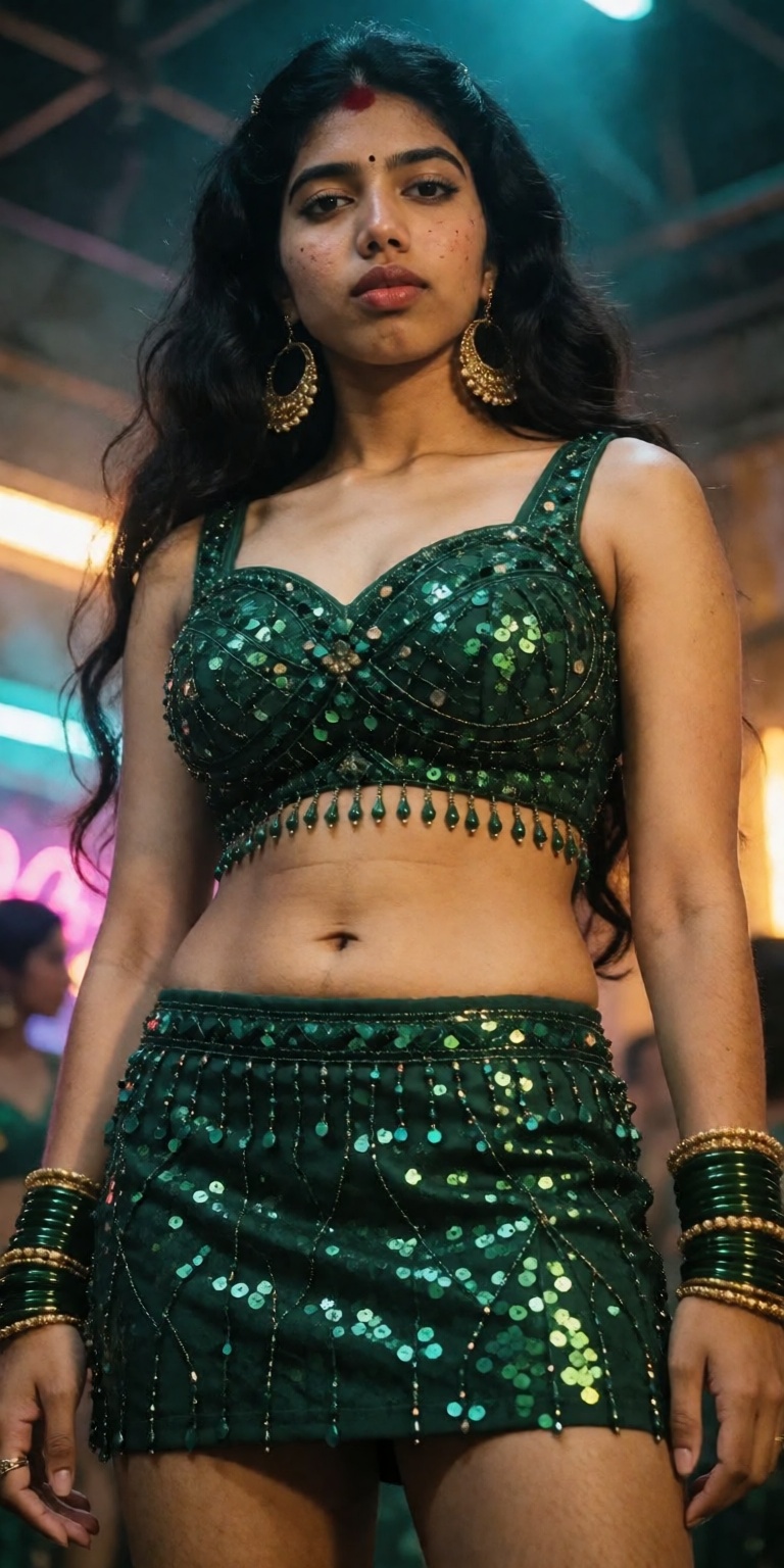 A young slim Indian woman with extremely long thick black hair framing her face and a red bindi stands in low-angle view,...