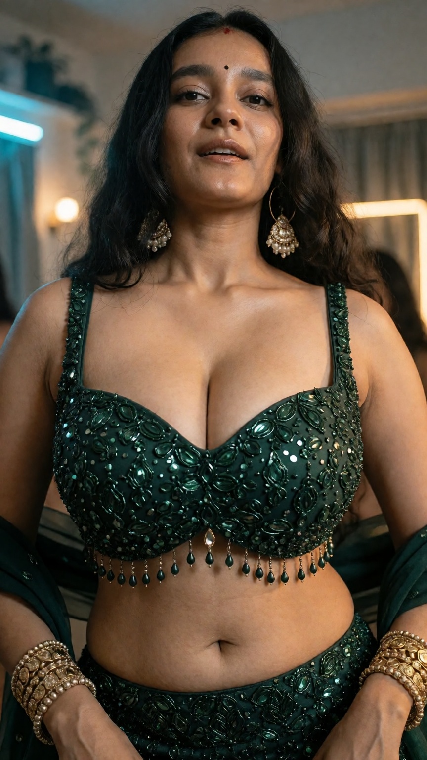 A young slim Indian woman with extremely long thick black hair framing her face and a red bindi stands in low-angle view,...