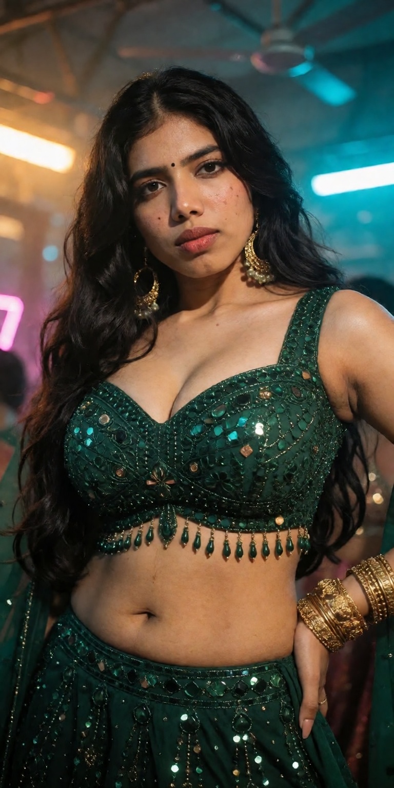 A young slim Indian woman with extremely long thick black hair framing her face and a red bindi stands in low-angle view,...