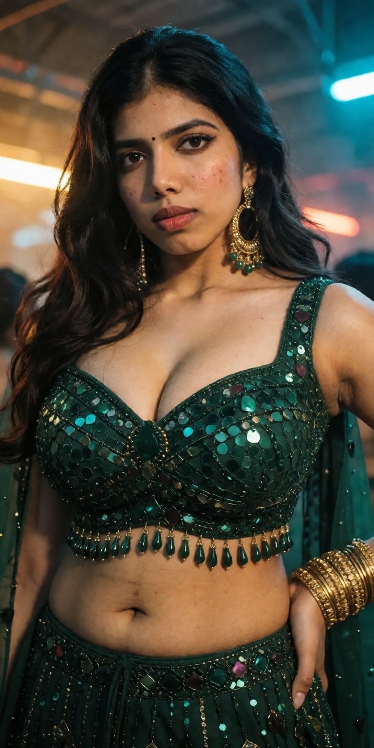 A young slim Indian woman with extremely long thick black hair framing her face and a red bindi stands in low-angle view,...