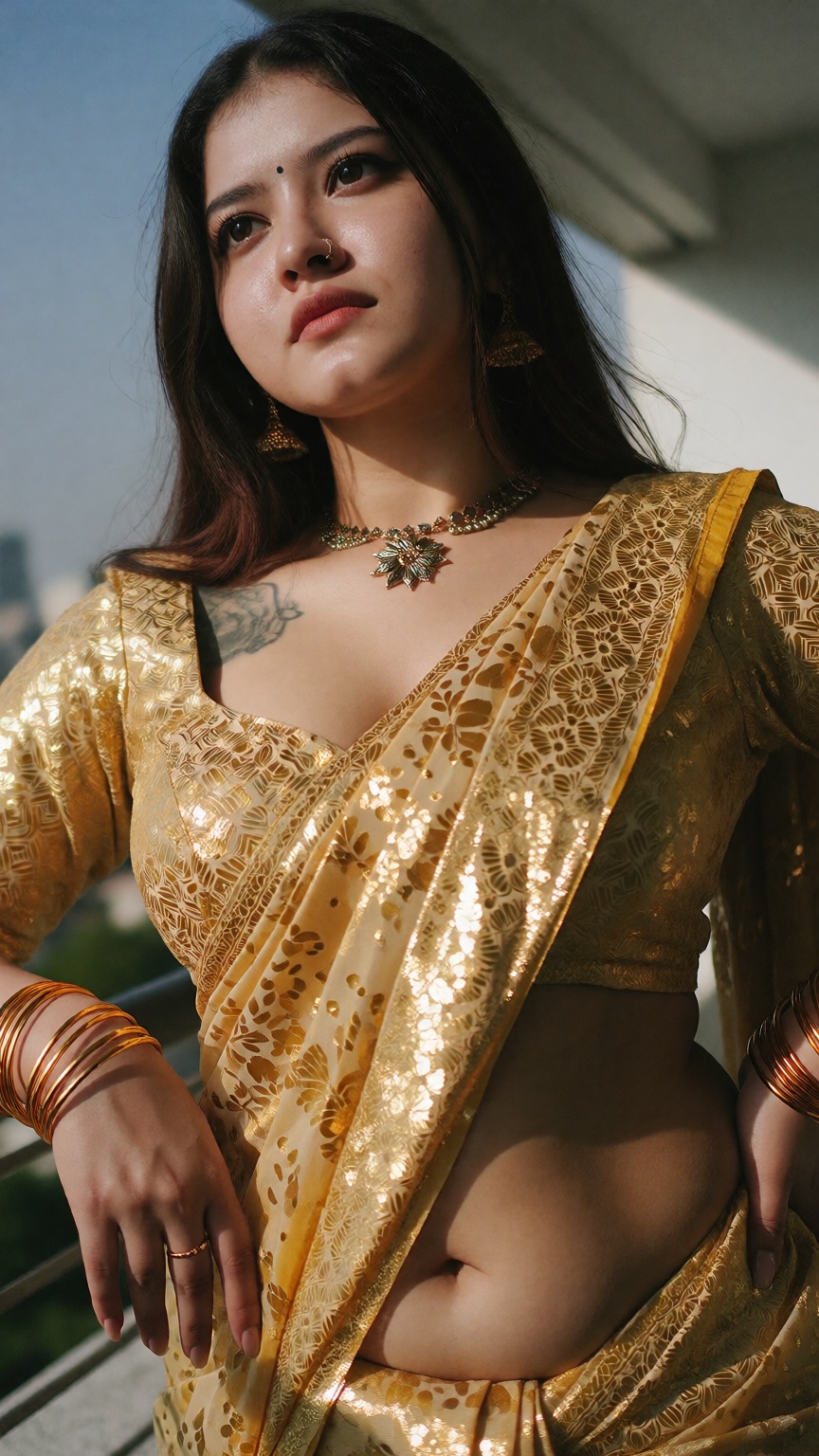 Cinematic photograph of a young South Asian woman with fair skin and dark hip-length hair,  dramatic extreme low angle wor...