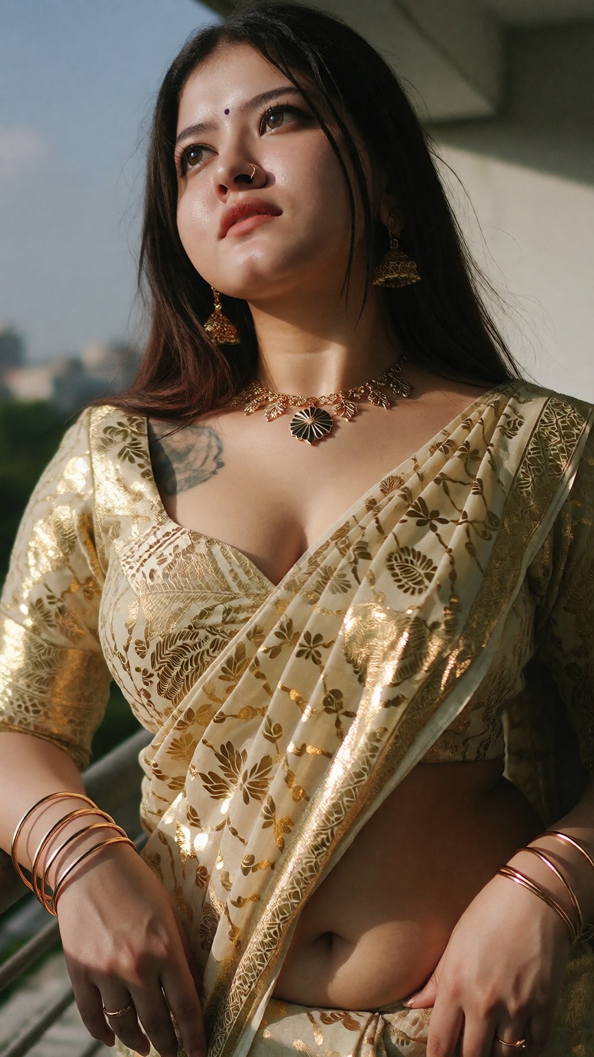 Cinematic photograph of a young South Asian woman with fair skin and dark hip-length hair,  dramatic extreme low angle wor...