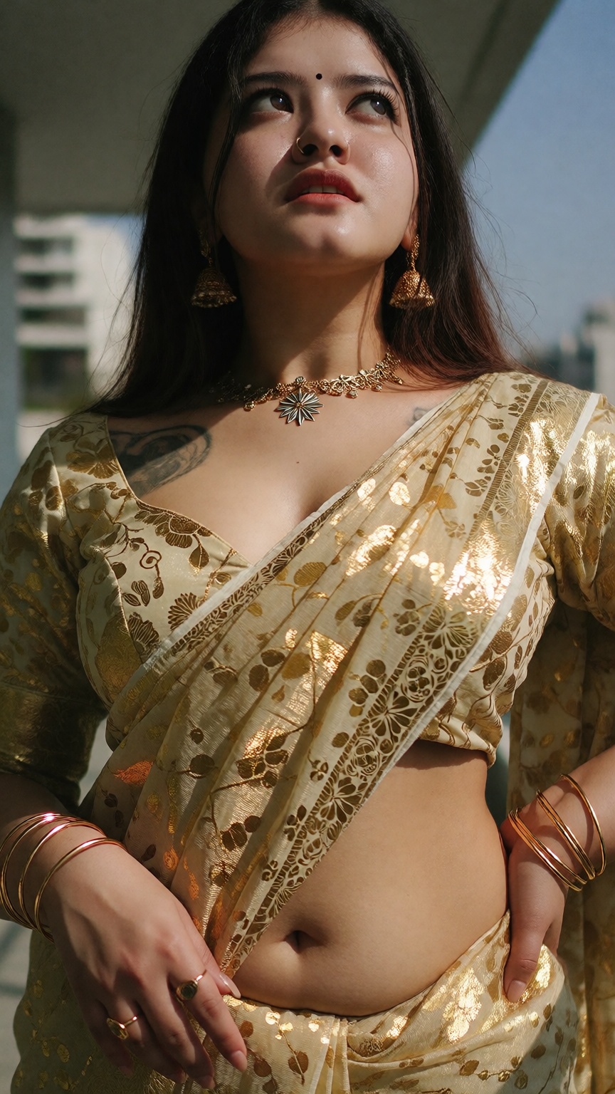 Cinematic photograph of a young South Asian woman with fair skin and dark hip-length hair,  dramatic extreme low angle wor...