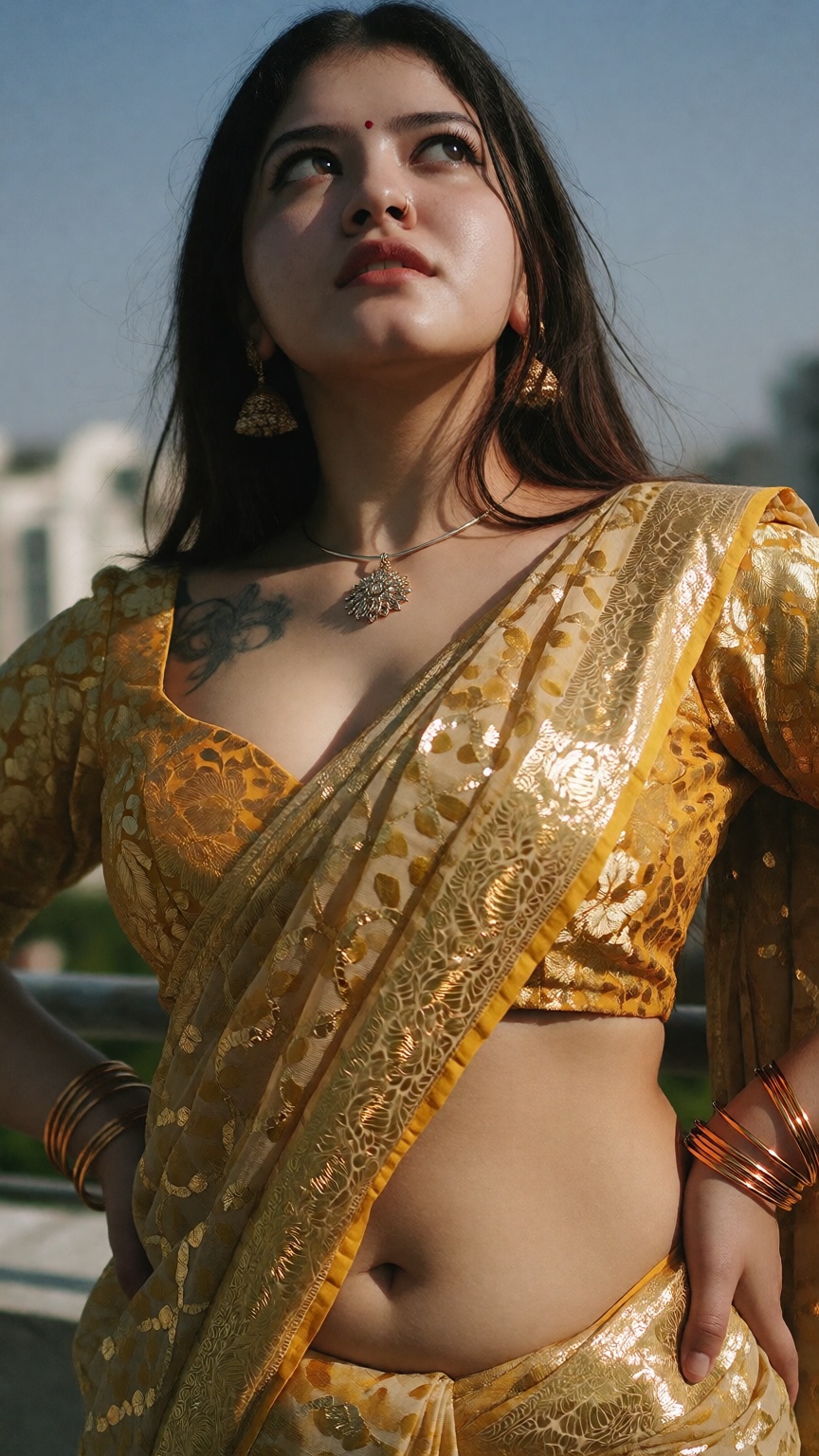 Cinematic photograph of a young South Asian woman with fair skin and dark hip-length hair,  dramatic extreme low angle wor...