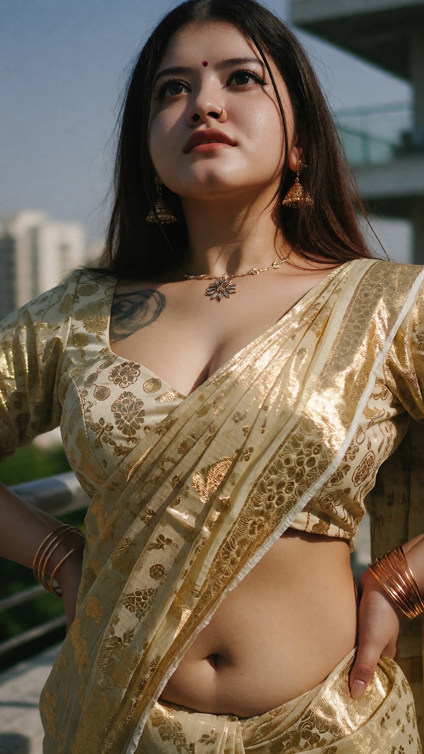 Cinematic photograph of a young South Asian woman with fair skin and dark hip-length hair,  dramatic extreme low angle wor...