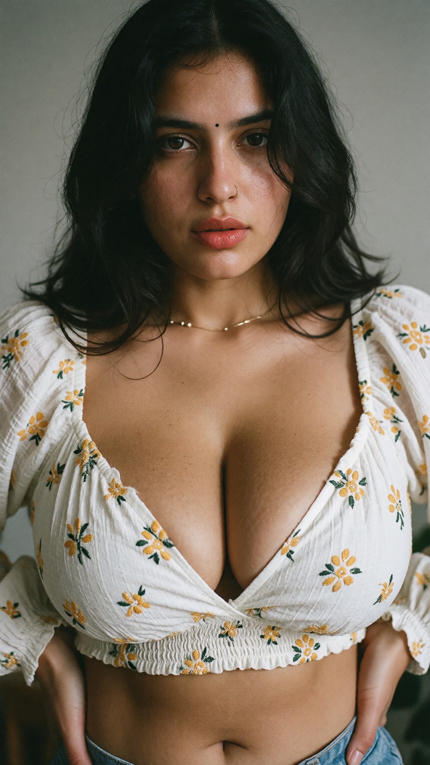 A young Indian woman with long black hair framing her face and a small bindi looks at the camera,  her large heavy sagging...