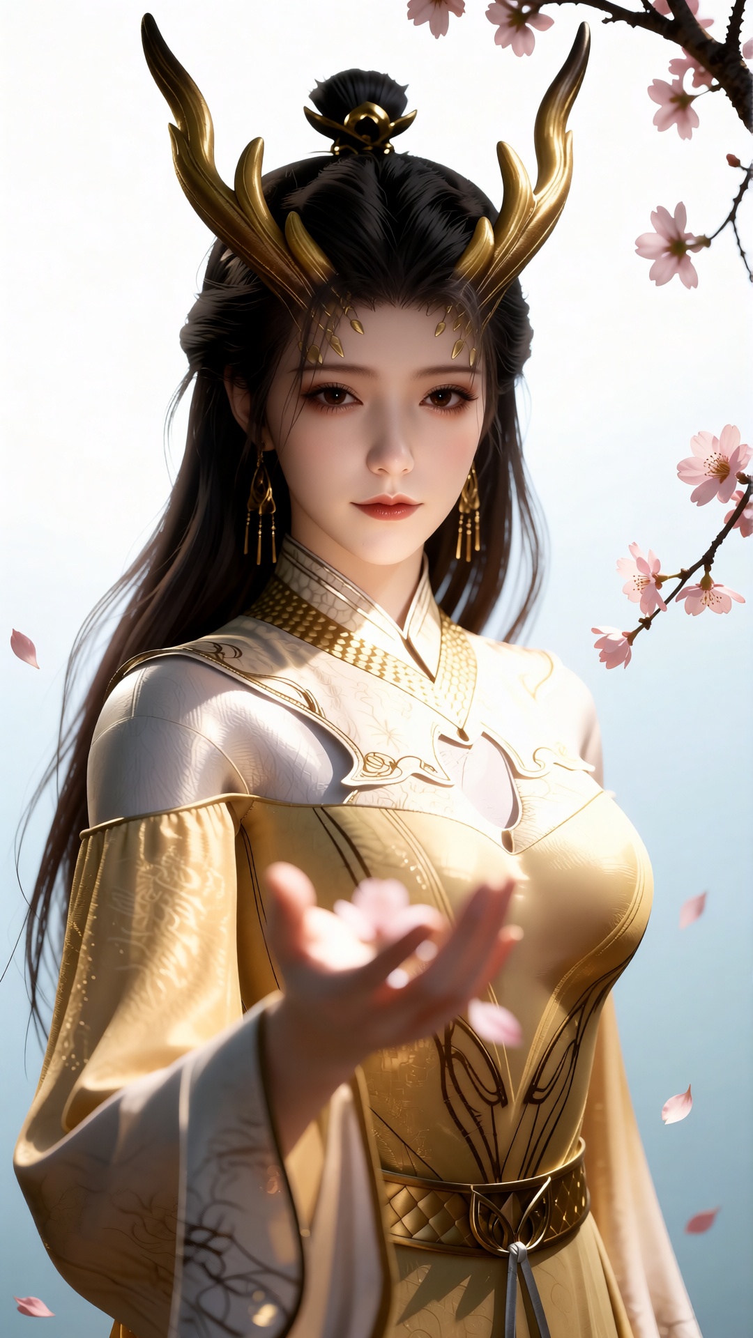中景画面中,  一位美丽有龙角的女子HLM clothes伸手承接飘落的桃花瓣,  她的眼中充满了柔情。白光直射在她的身上 by 月恋-❀ on Tensor.Art