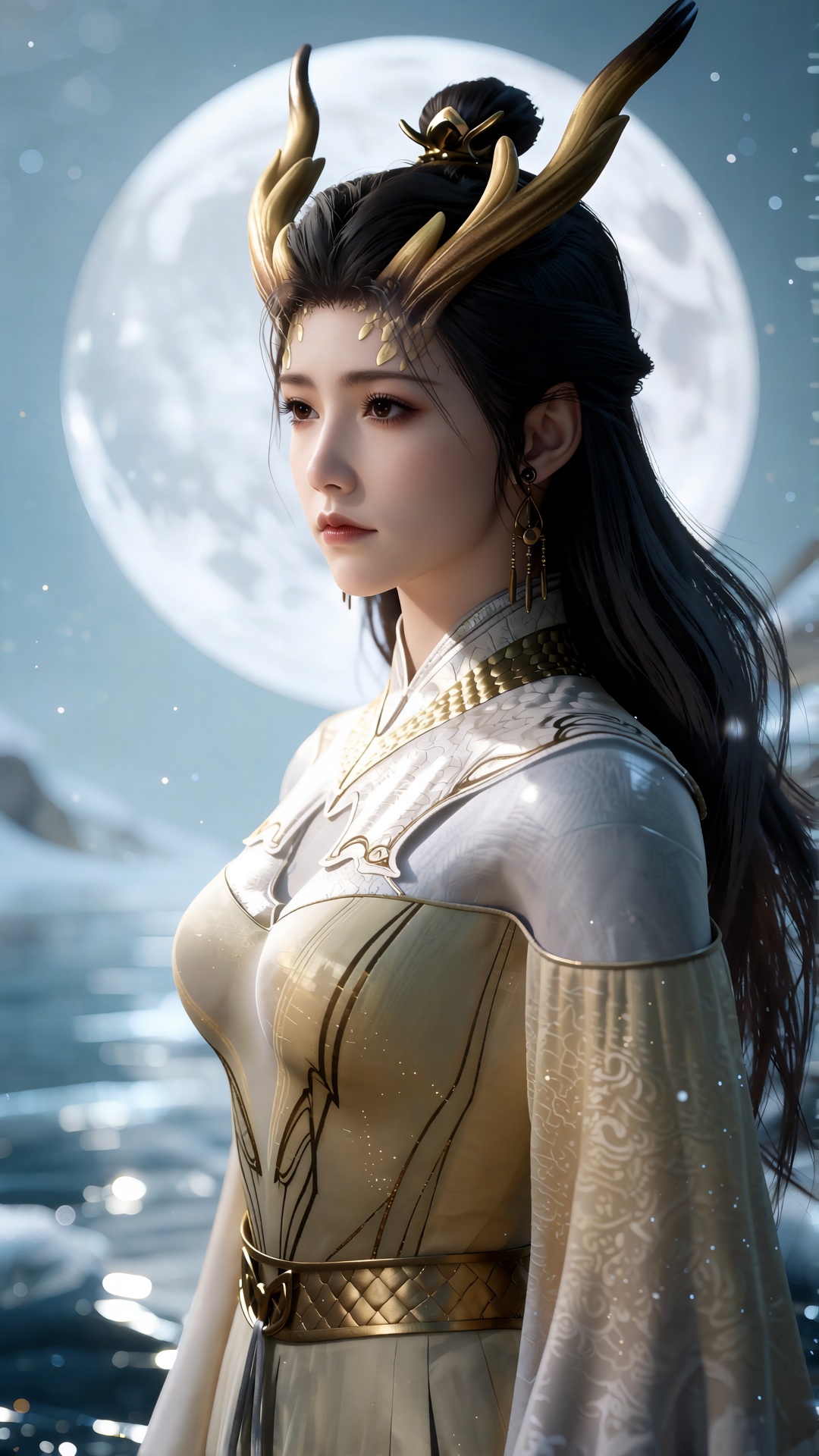 中景正视画面,  一位女子HLM clothes站在满月下的冰湖上,  苍白银蓝色月光从冰雪上反射 by 月恋-❀ on Tensor.Art