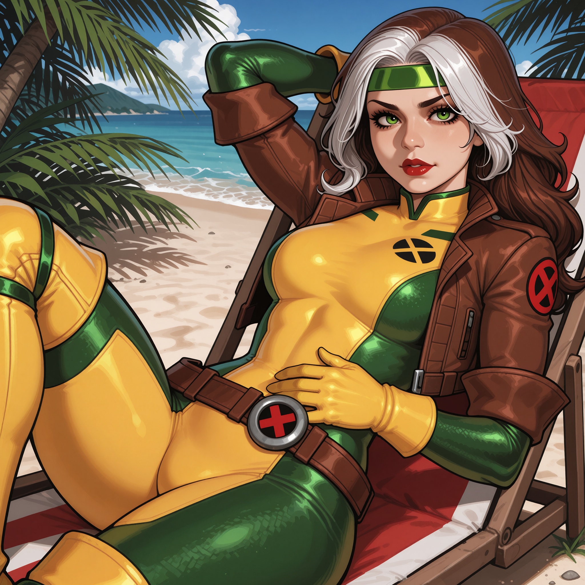 Vv.LXVIII - FN-X-Men_Rogue. Vv.LXVIII - Acumen. 2d illustration style. --- upper body medium shot. dynamic angle. she is l...