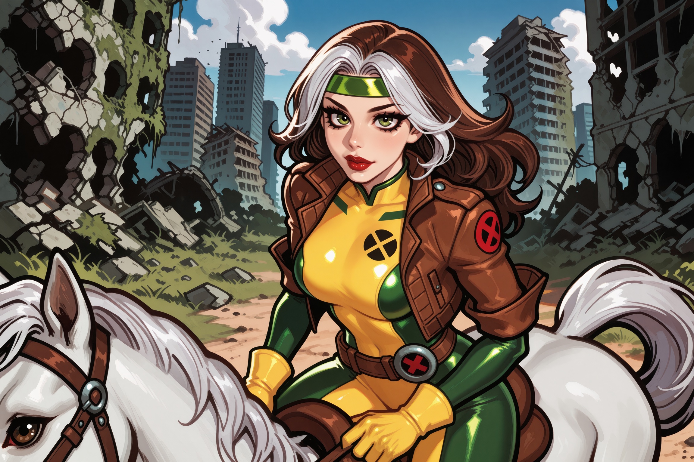 Vv.LXVIII - FN-X-Men_Rogue. Vv.LXVIII - Atrox. 2d illustration style. --- upper body medium shot. dynamic angle. she is lo...