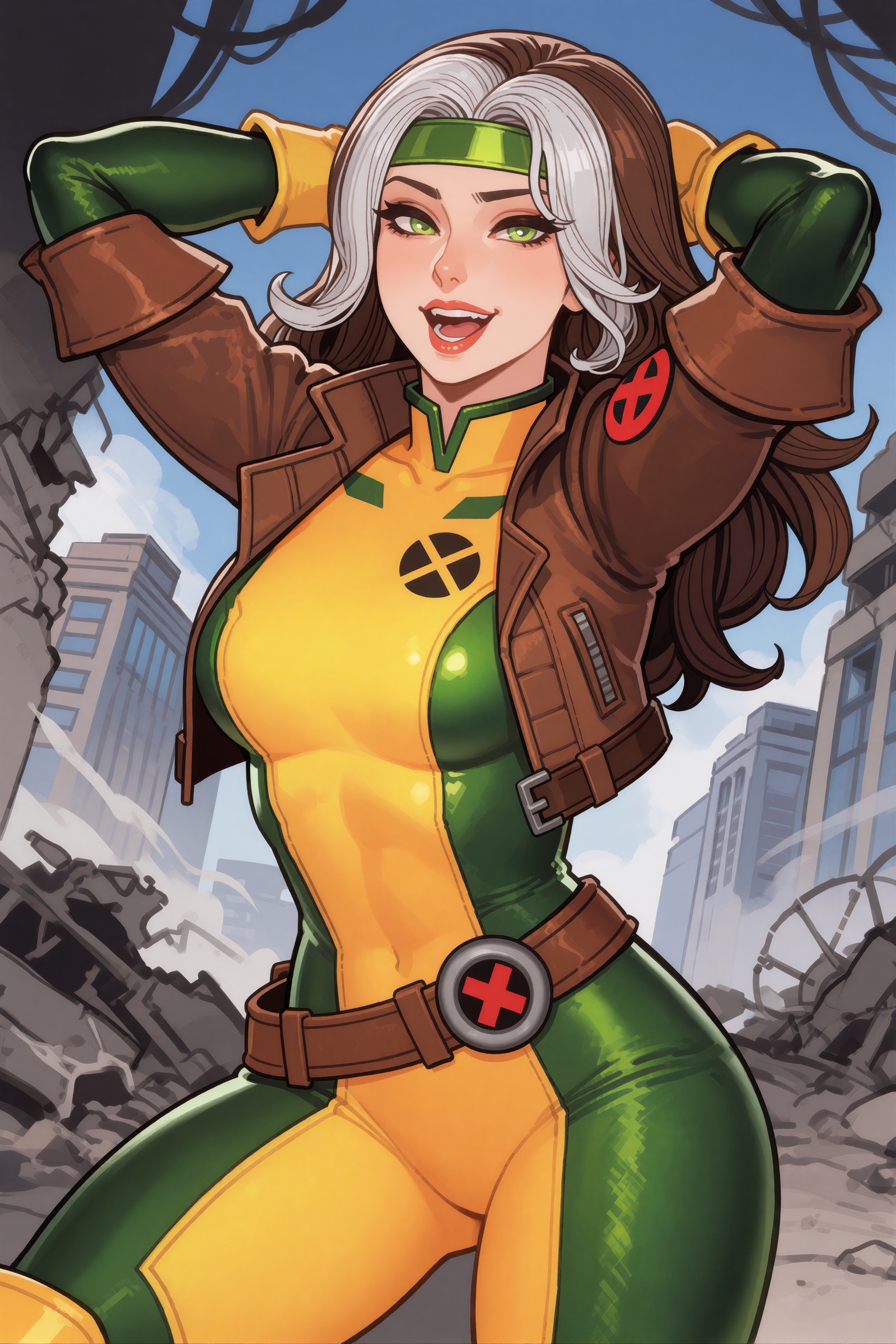 Vv.LXVIII - FN-X-Men_Rogue. Vv.LXVIII - Requiem. 2d illustration style. --- upper body medium shot. dynamic angle. she is...