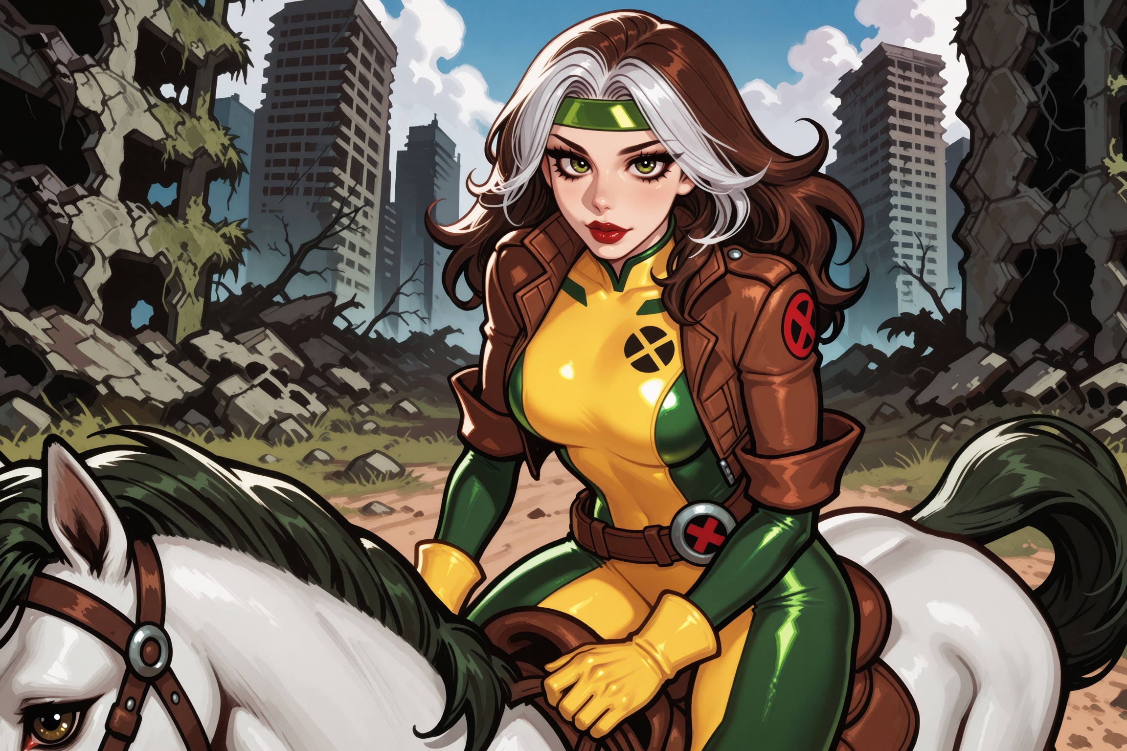 Vv.LXVIII - FN-X-Men_Rogue. Vv.LXVIII - Atrox. 2d illustration style. --- upper body medium shot. dynamic angle. she is lo...