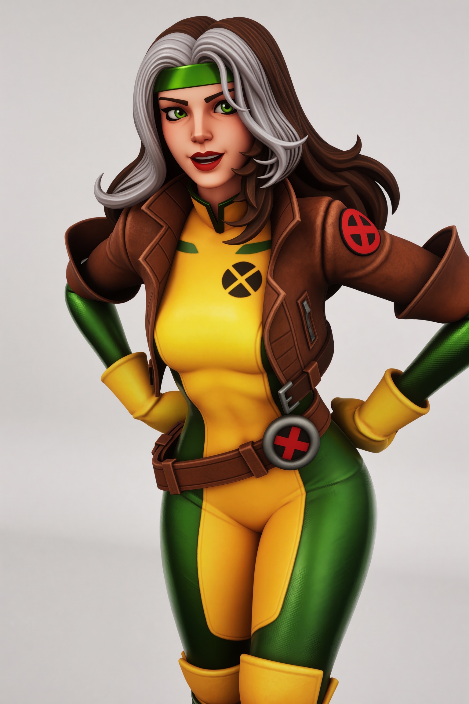 Vv.LXVIII - FN-X-Men_Rogue. 3d game render. --- upper body medium shot. dynamic angle. she is looking at the viewer. she i...