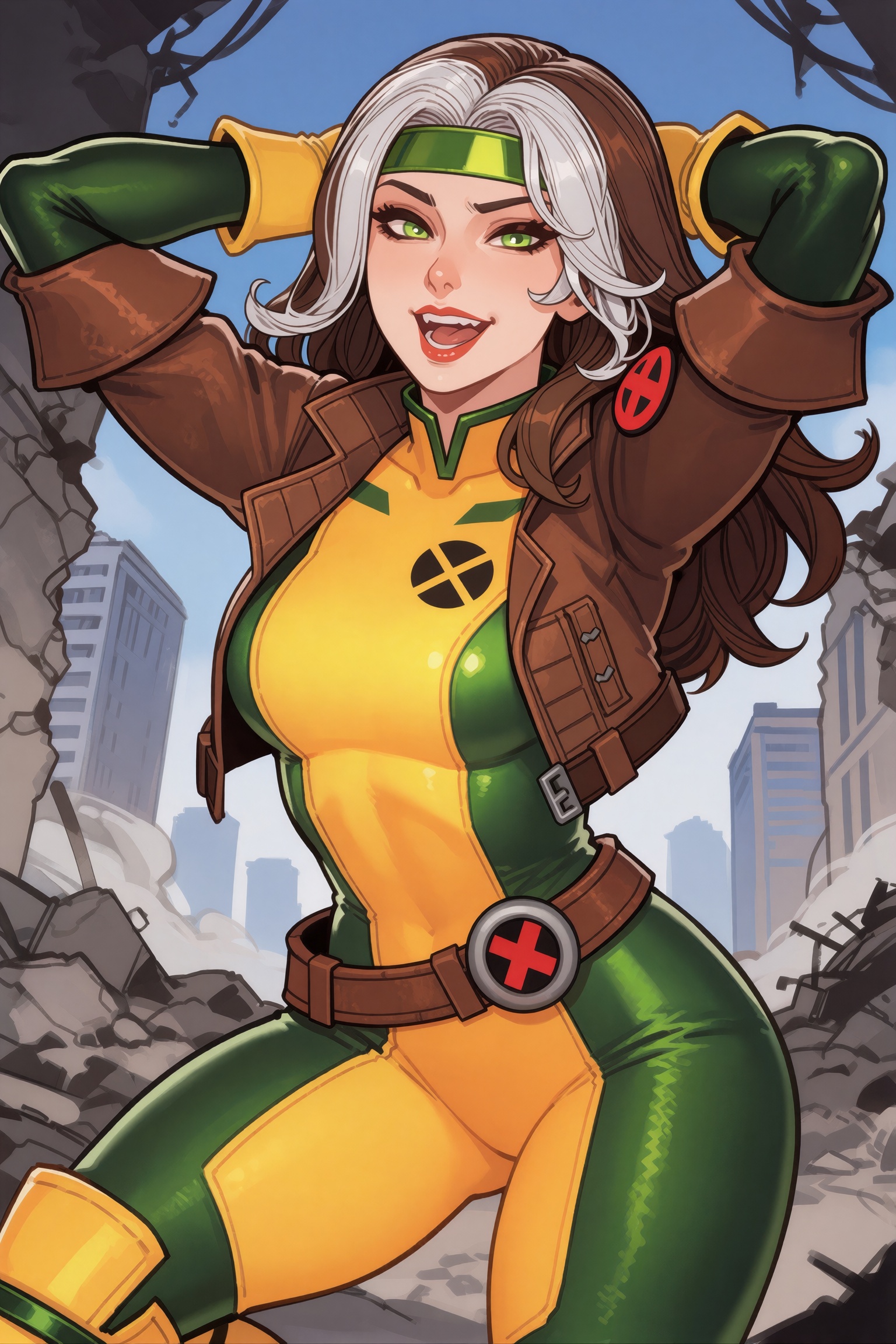 Vv.LXVIII - FN-X-Men_Rogue. Vv.LXVIII - Requiem. 2d illustration style. --- upper body medium shot. dynamic angle. she is...