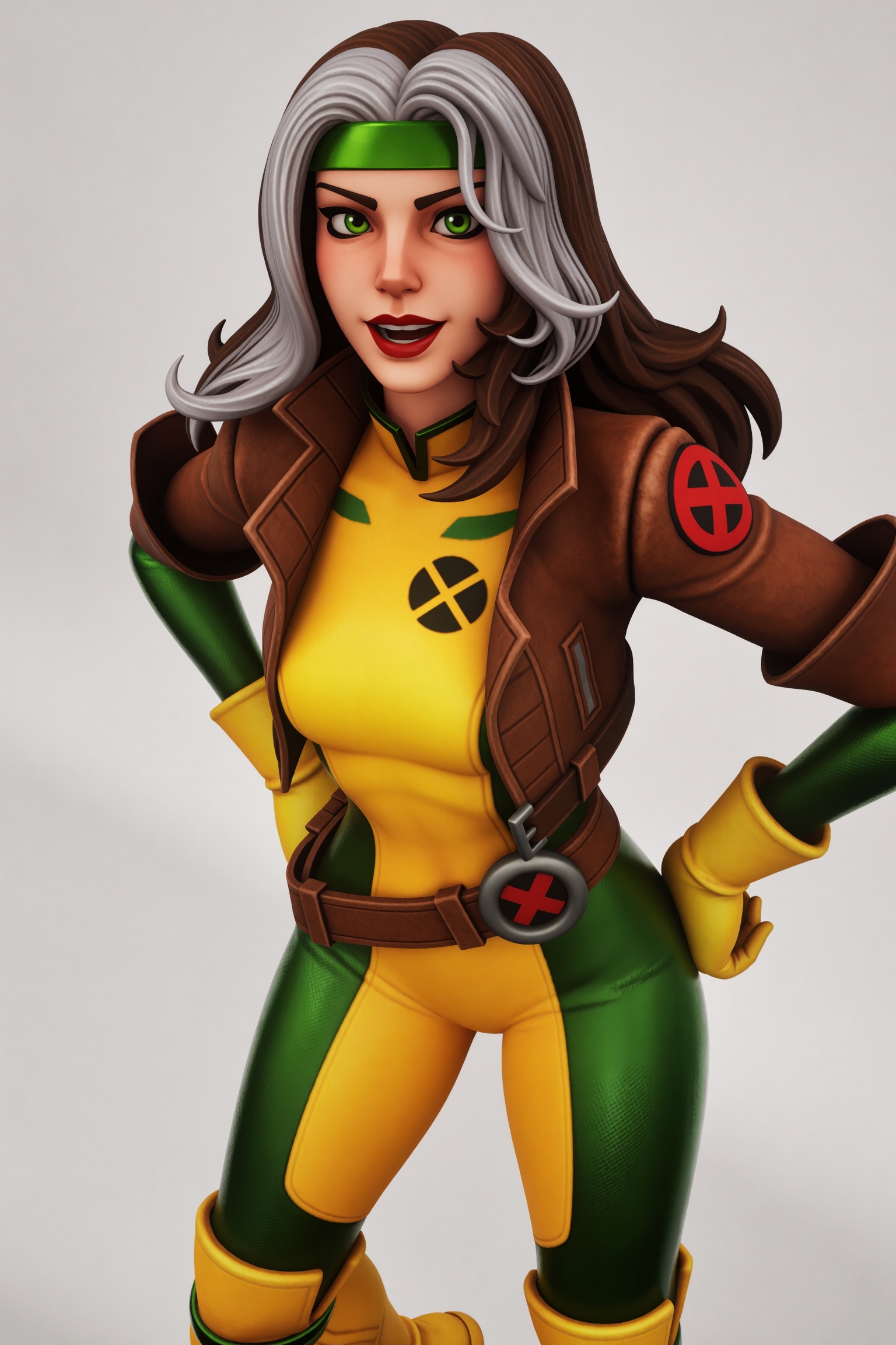 Vv.LXVIII - FN-X-Men_Rogue. 3d game render. --- upper body medium shot. dynamic angle. she is looking at the viewer. she i...