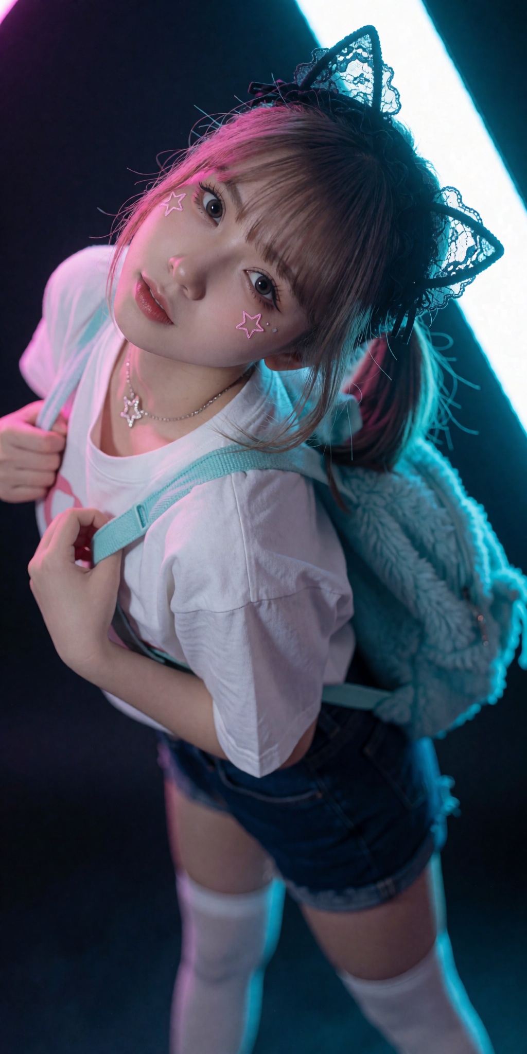 A raw,  photorealistic macro fashion portrait captured at a steep high-angle Dutch-tilt perspective looking down from abov...
