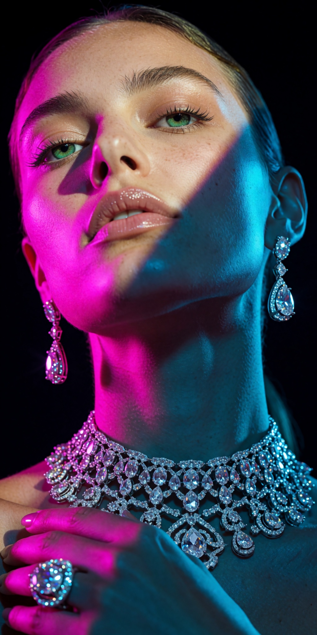 An ultra-realistic cinematic high-fashion photograph captured from an extreme low-angle tilt looking upward from chest hei...
