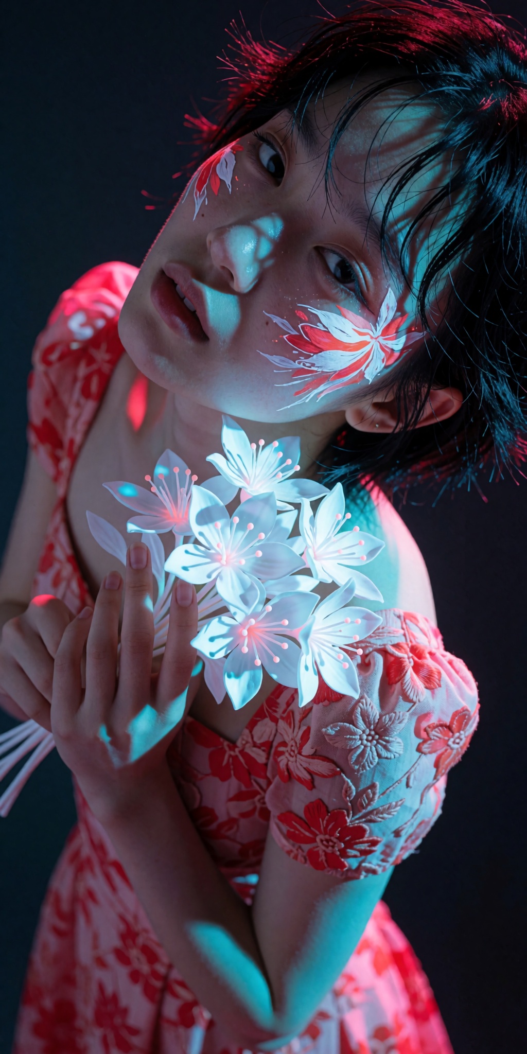 A raw,  photorealistic macro fashion portrait captured at a steep high-angle Dutch-tilt perspective looking down from abov...