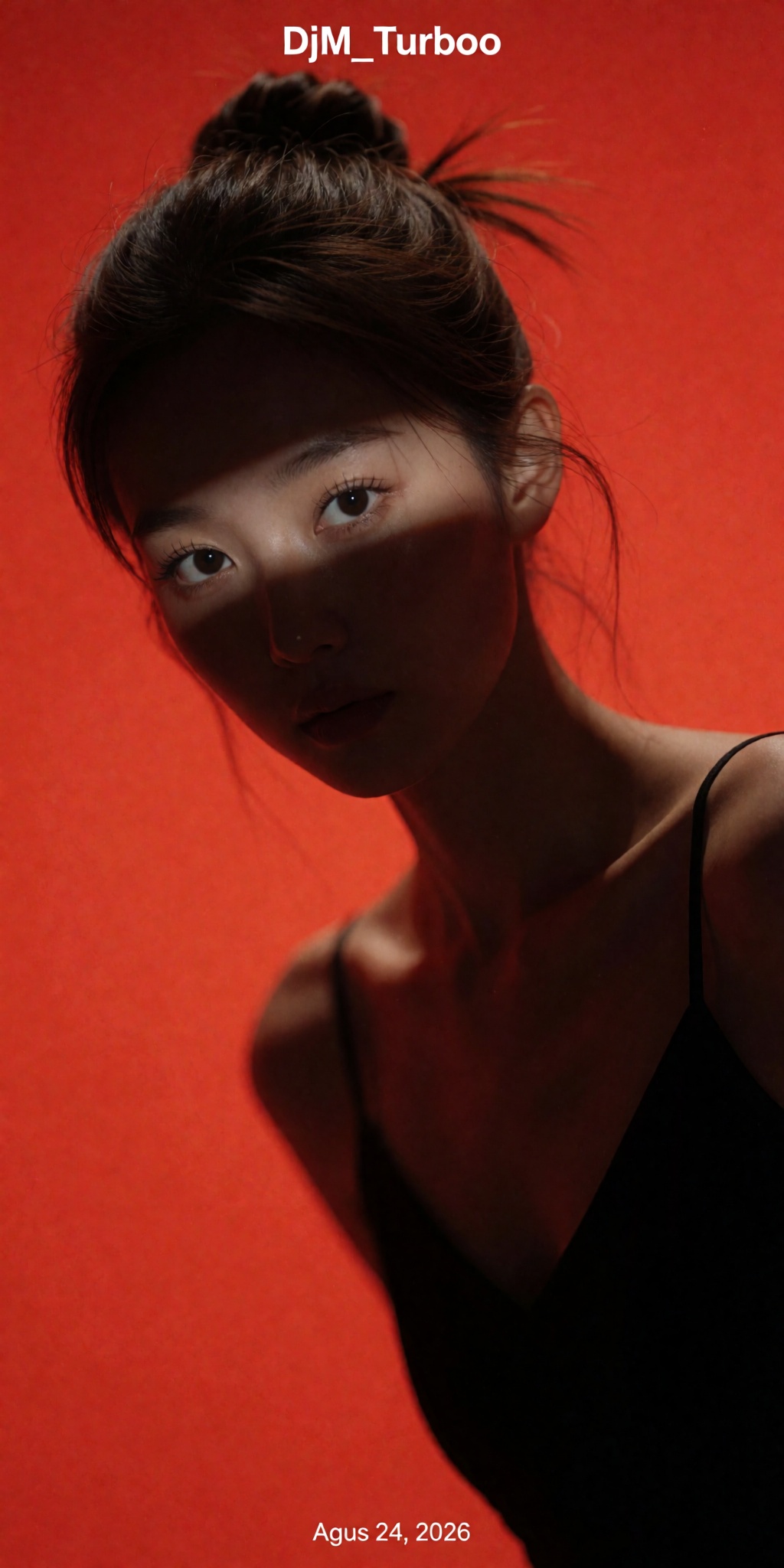 An ultra-detailed minimalist studio portrait emphasizing emotional intensity through light and shadow. A young woman with...