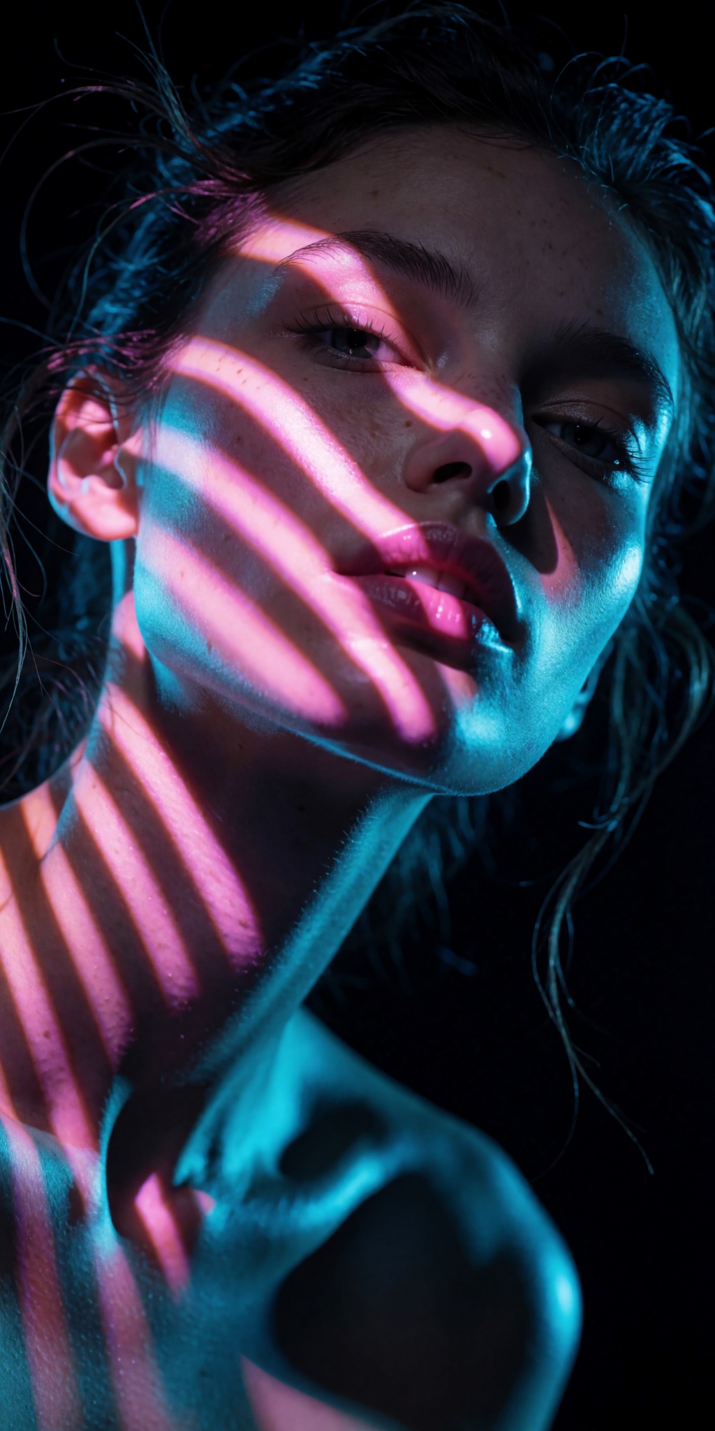 An ultra-realistic cinematic high-fashion photograph captured from an extreme low-angle tilt looking upward from waist lev...