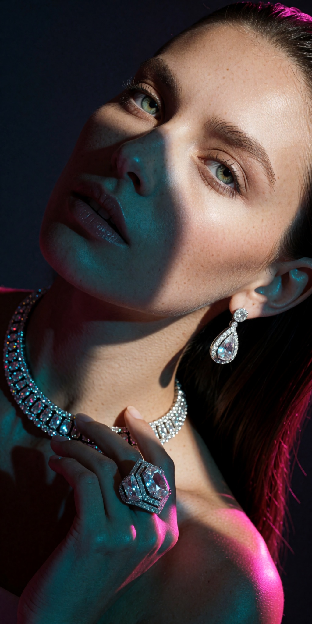 A raw,  photorealistic macro fashion portrait captured at a steep high-angle Dutch-tilt perspective looking down from abov...