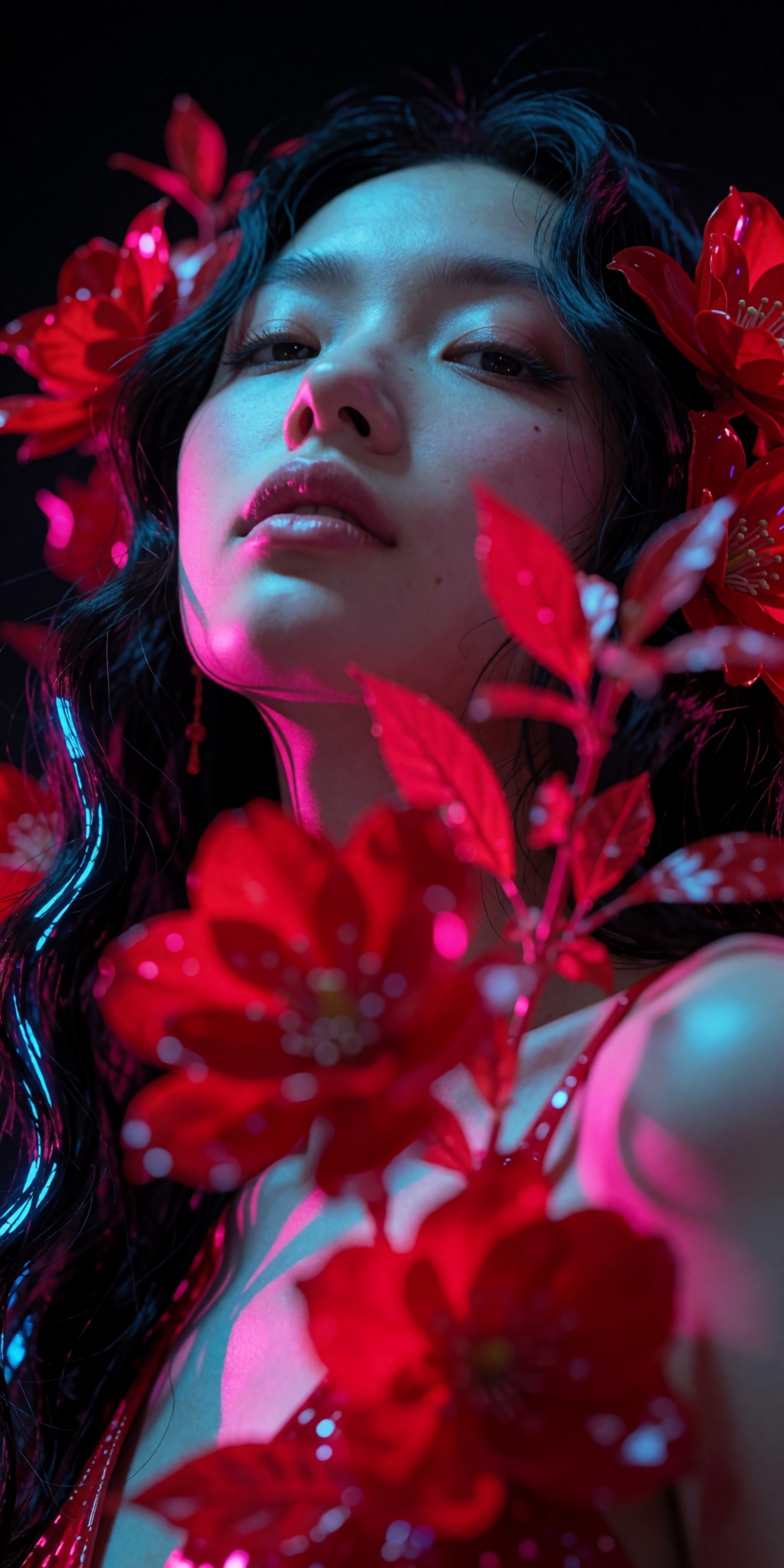An ultra-realistic cinematic high-fashion photograph captured from an extreme low-angle tilt looking upward from below wai...