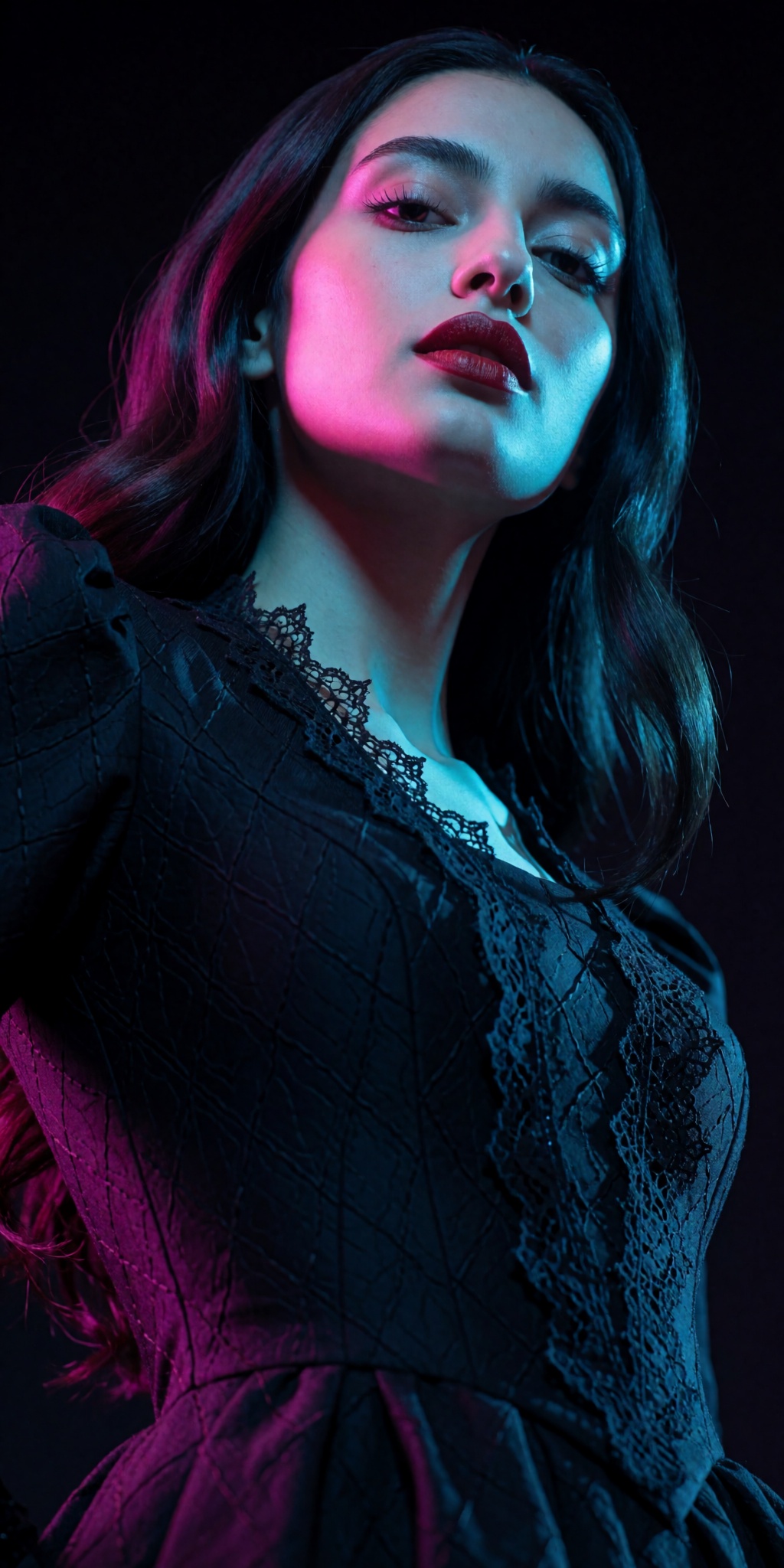 An ultra-realistic cinematic high-fashion photograph captured from an extreme low-angle tilt looking upward from waist lev...