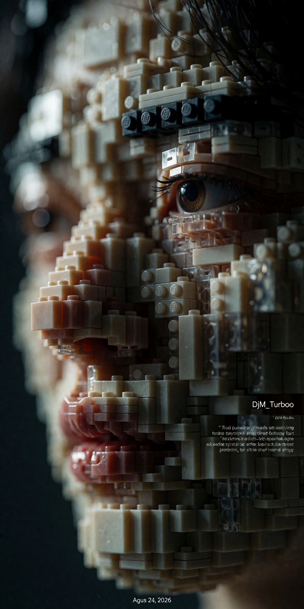 A surreal macro portrait of a contemplative human face sculpted entirely from thousands of tiny building blocks arranged w...