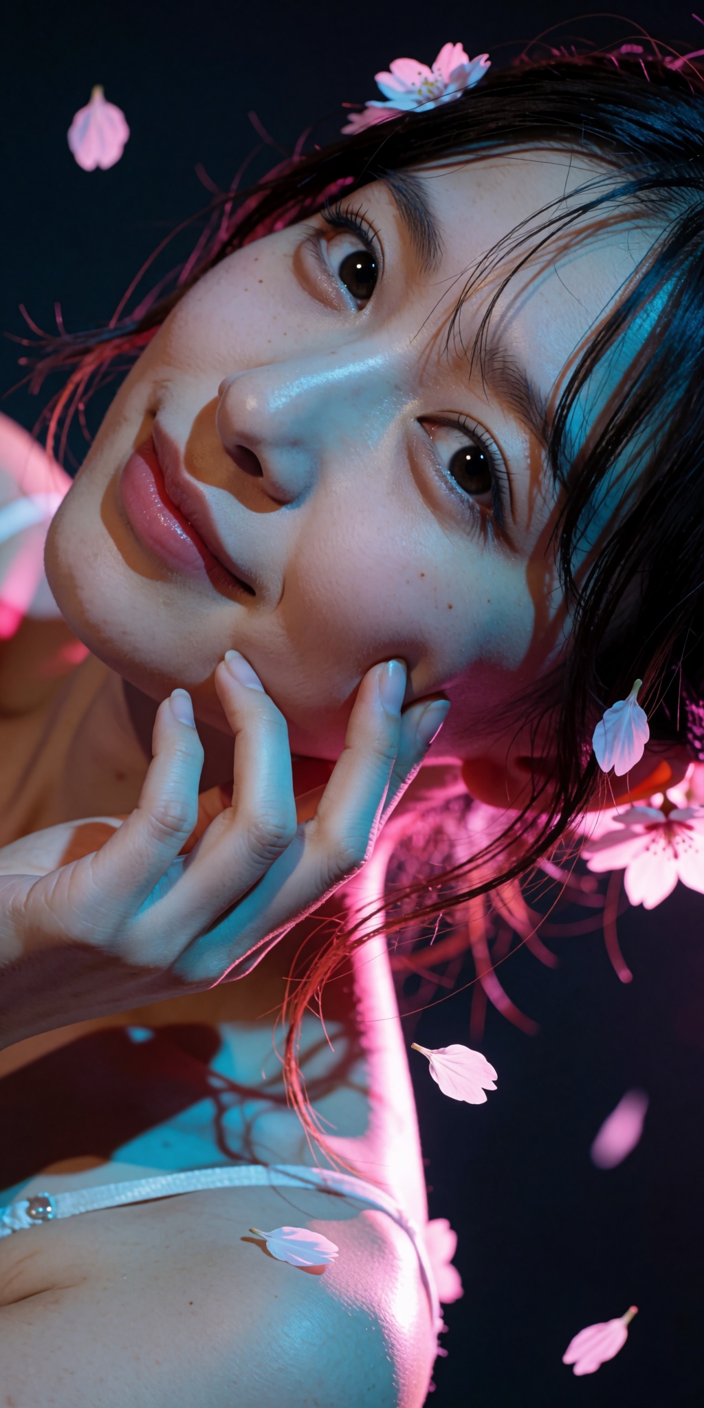 A raw,  photorealistic macro fashion portrait captured at a steep high-angle Dutch-tilt perspective looking down from abov...