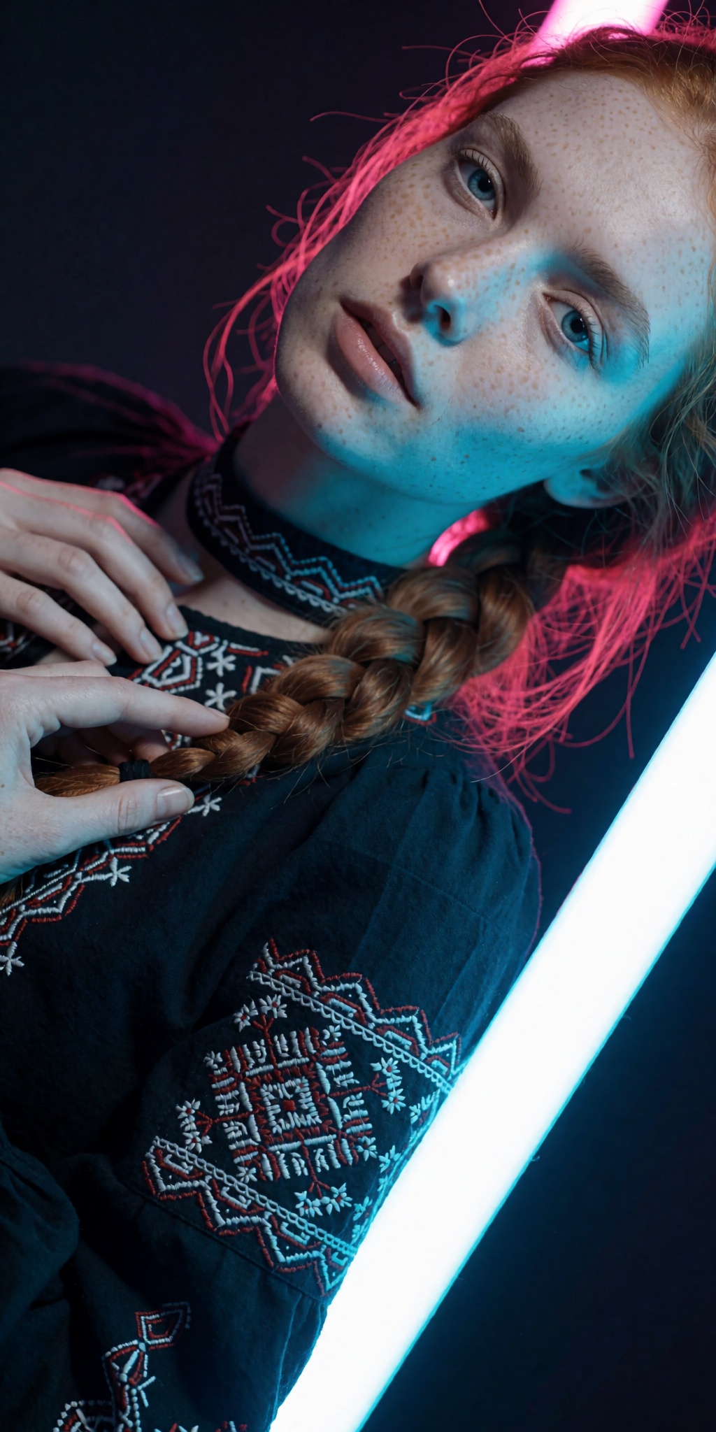 A raw,  photorealistic macro fashion shot taken from a steep Dutch-angle perspective looking down from above. The subject...