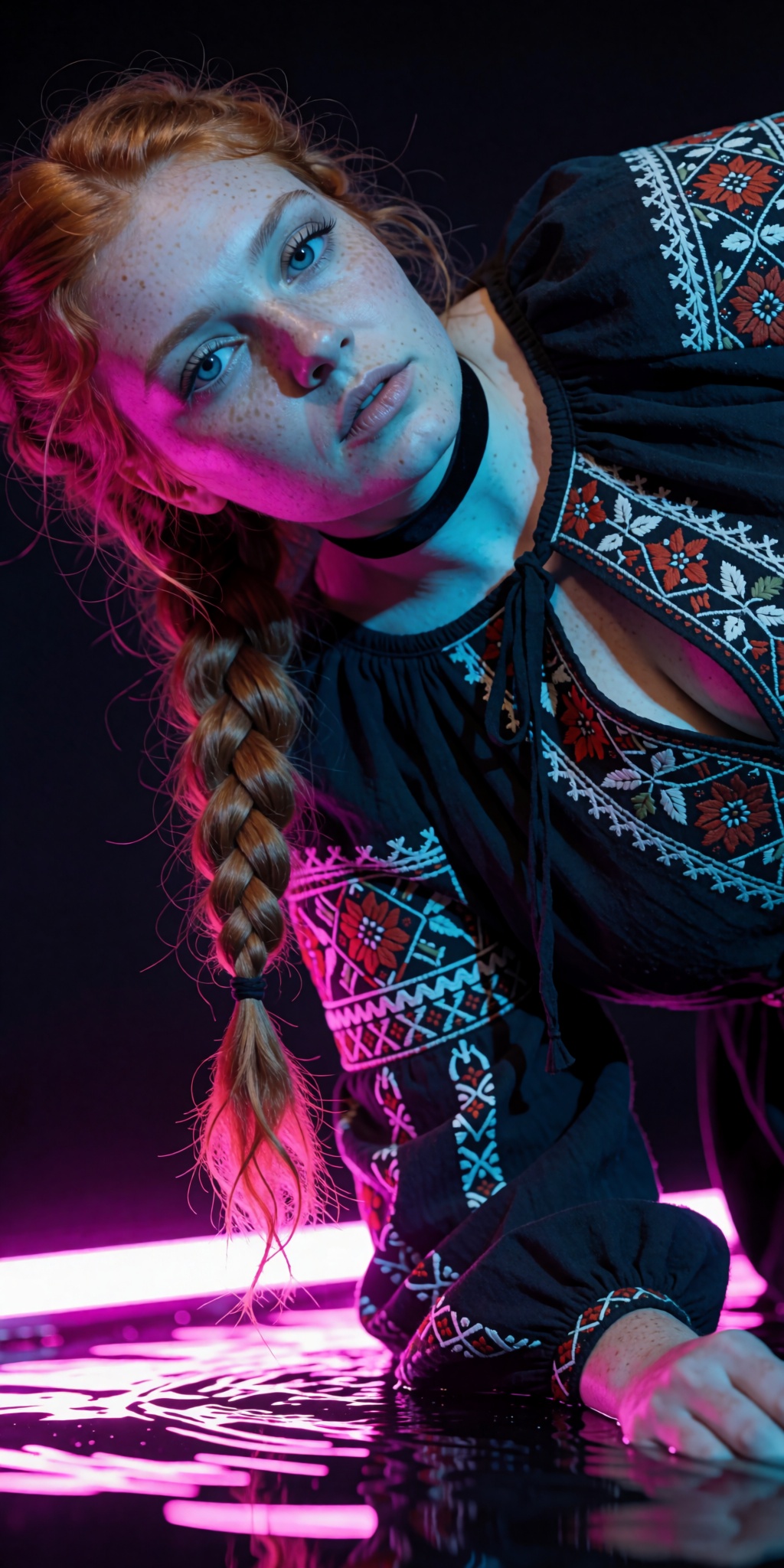 An ultra-realistic cinematic high-fashion photograph captured from an extreme low-angle tilt looking upward from ground le...