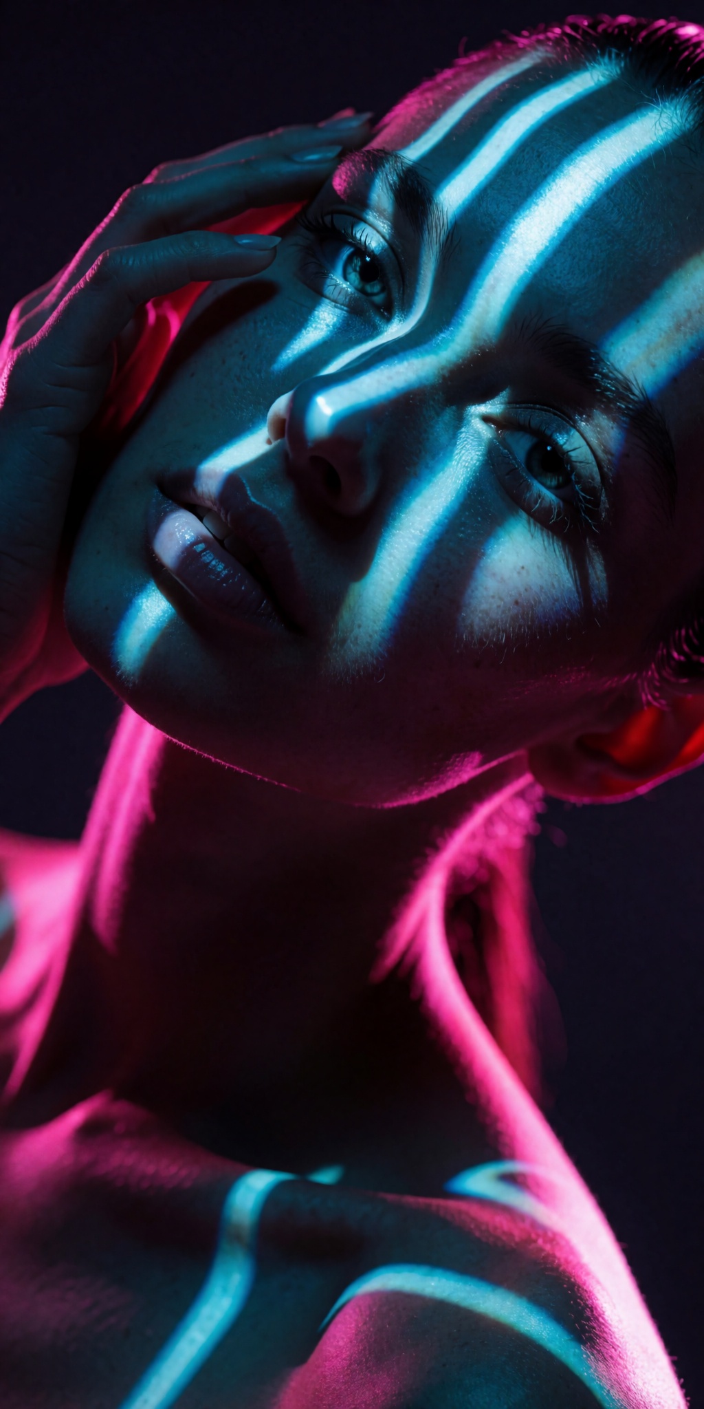 A raw,  photorealistic macro fashion portrait captured at a steep high-angle Dutch-tilt perspective looking down from abov...