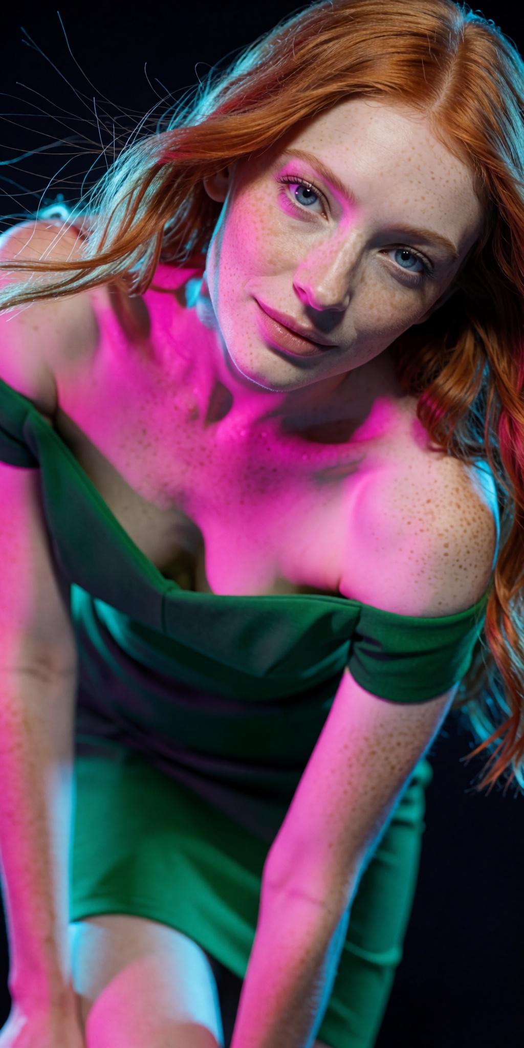 An ultra-realistic cinematic fashion photograph captured from an extreme low-angle tilt looking upward from thigh level. A...
