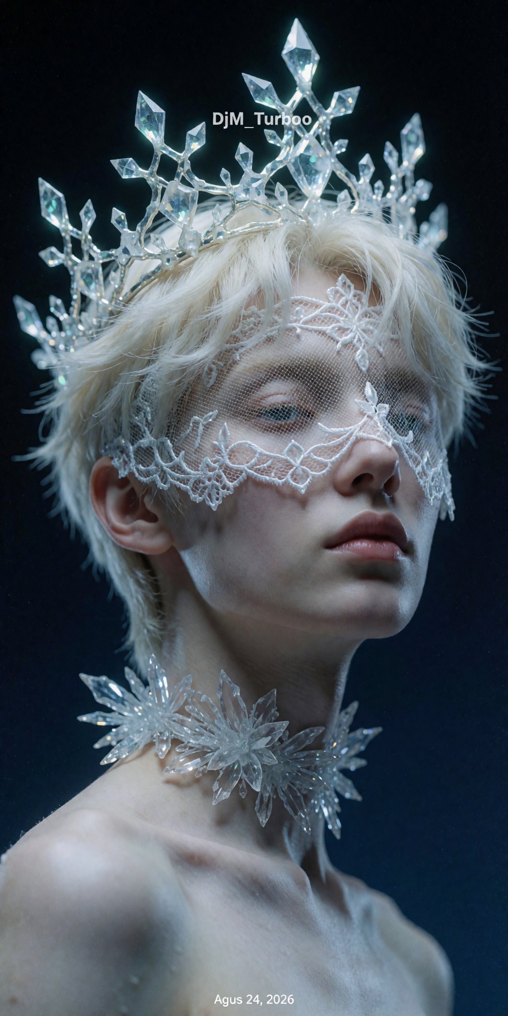A highly detailed,  digitally manipulated ultra-photorealistic portrait of a mysterious young figure with porcelain pale s...