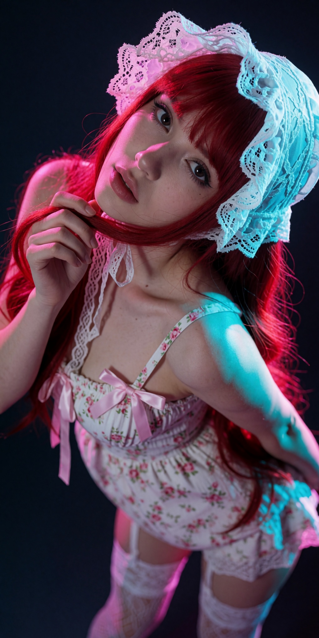 A raw,  photorealistic macro fashion portrait captured at a steep high-angle Dutch-tilt perspective looking down from abov...
