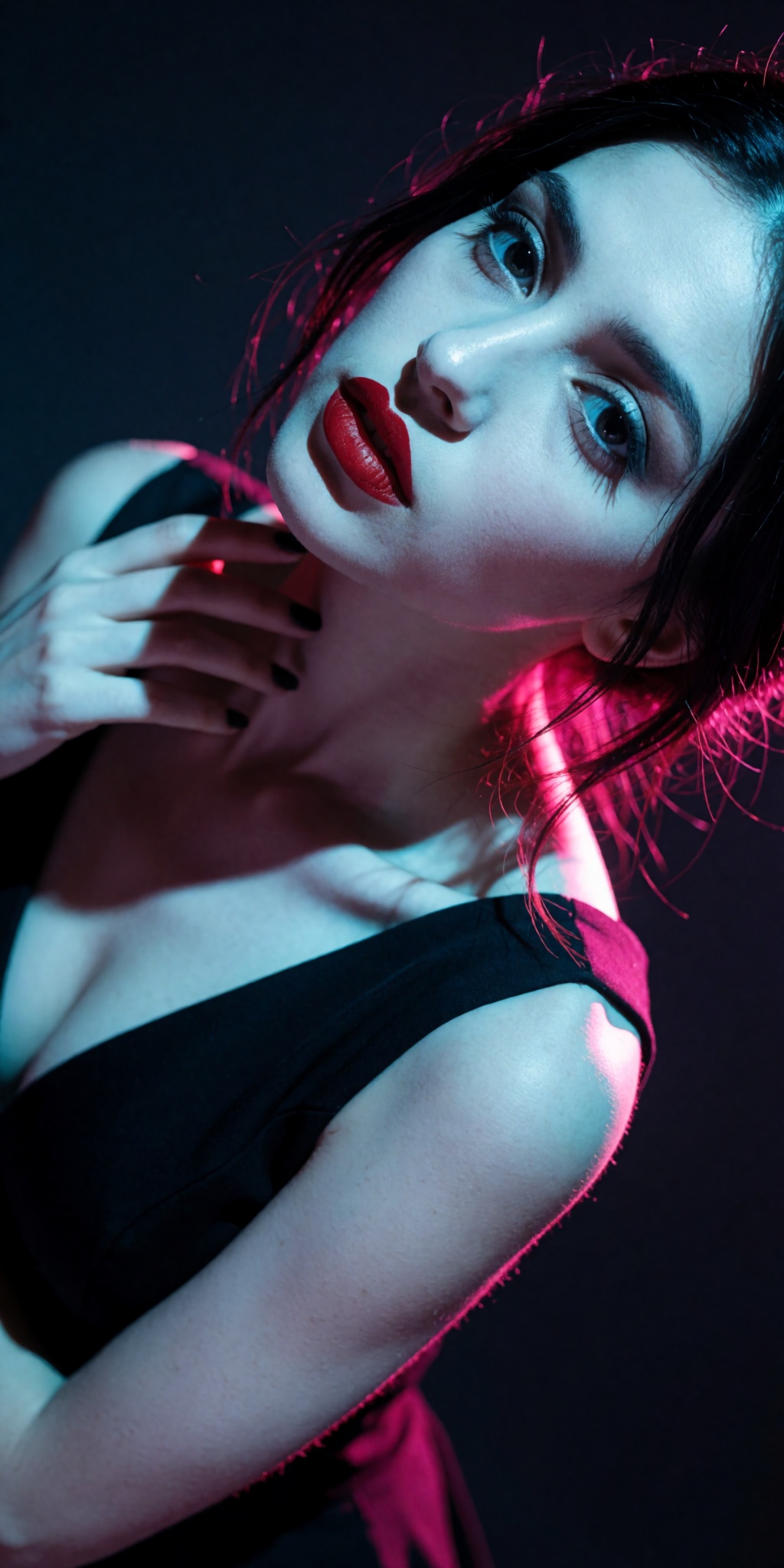 A raw,  photorealistic macro fashion portrait captured at a steep high-angle Dutch-tilt perspective looking down from abov...