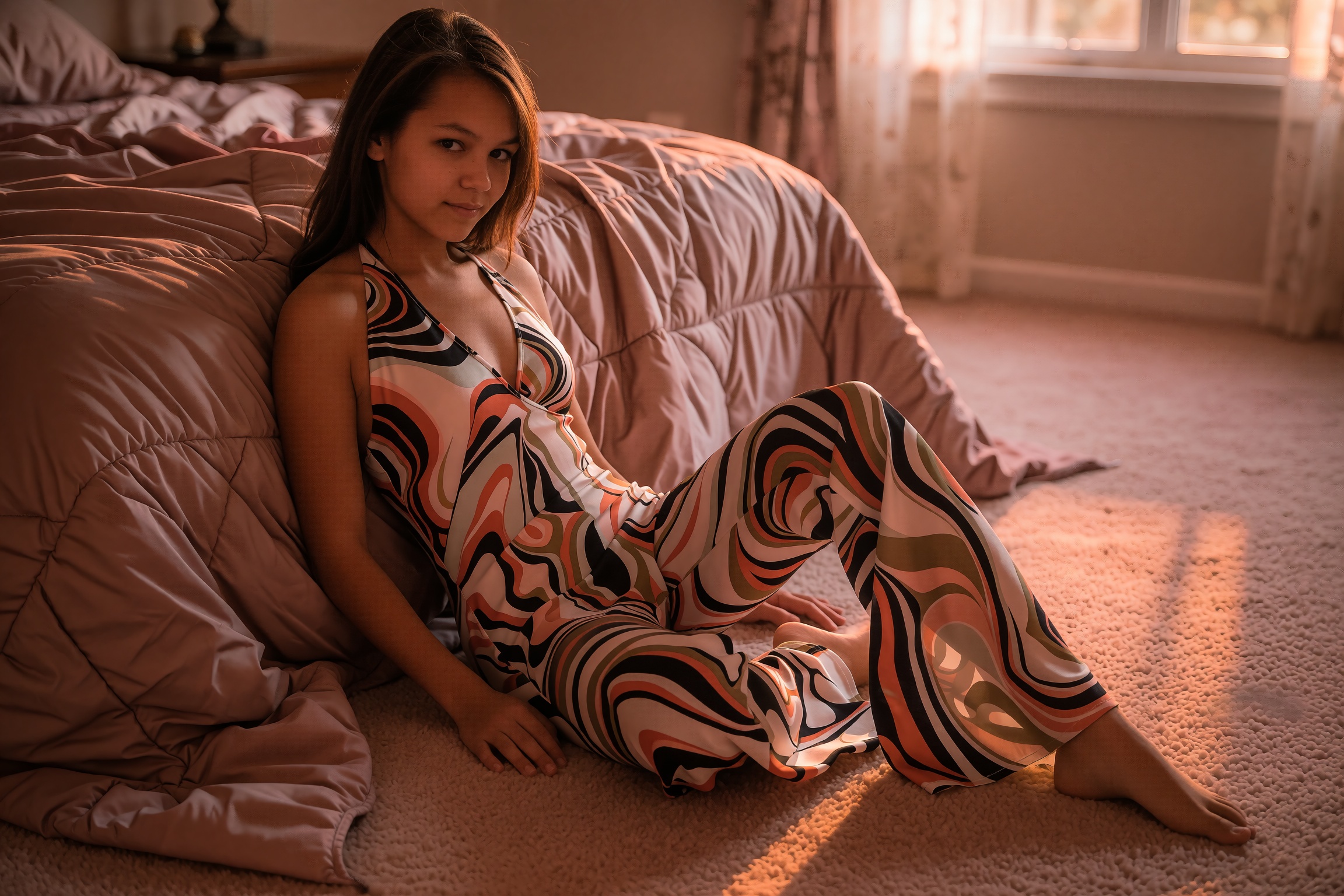 A wide-angle shot captures a nineteen-year-old young woman settled comfortably in the warm,  settling calm of early evenin...